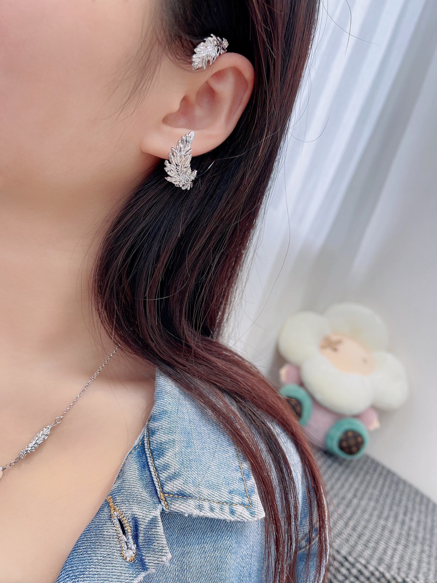 Chanel 2025 Spring/Summer Feather Ear Cuff - Silver & Rhinestones