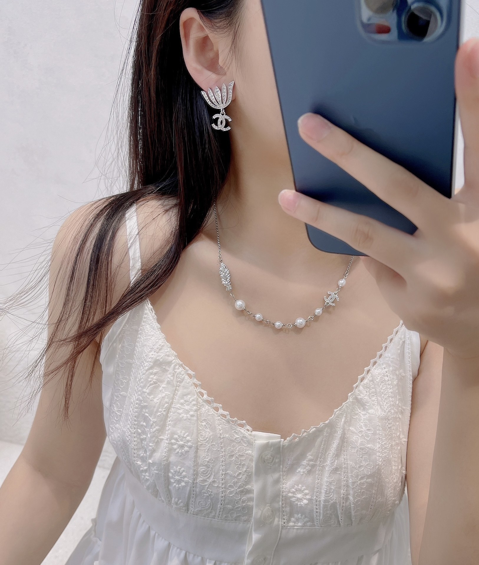 Luxury Chanel Crystal Lotus Fan & CC Logo Drop Earrings - Silver