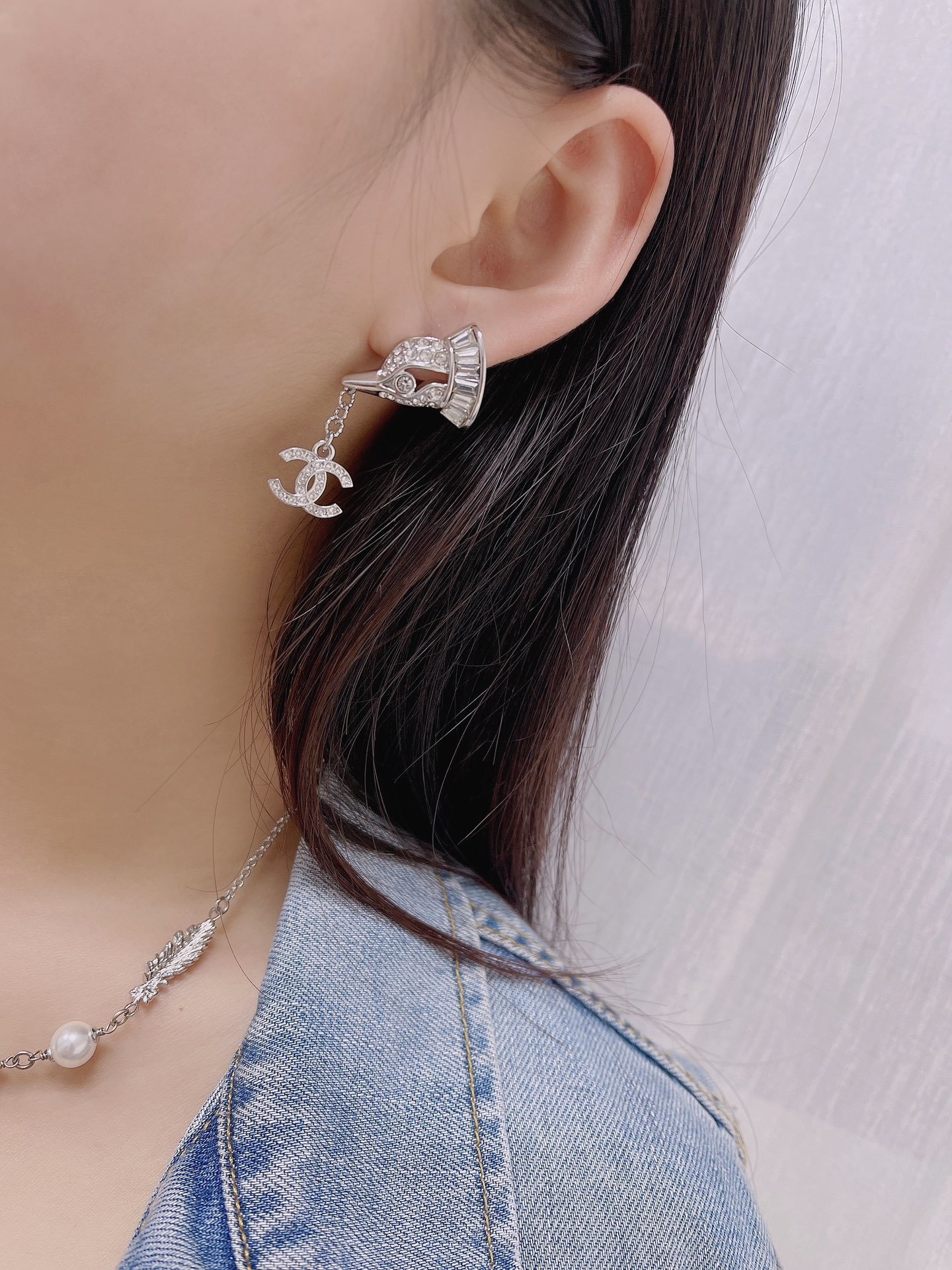 Chanel 2025 SS Silver Crystal Bird Motif CC Drop Earrings