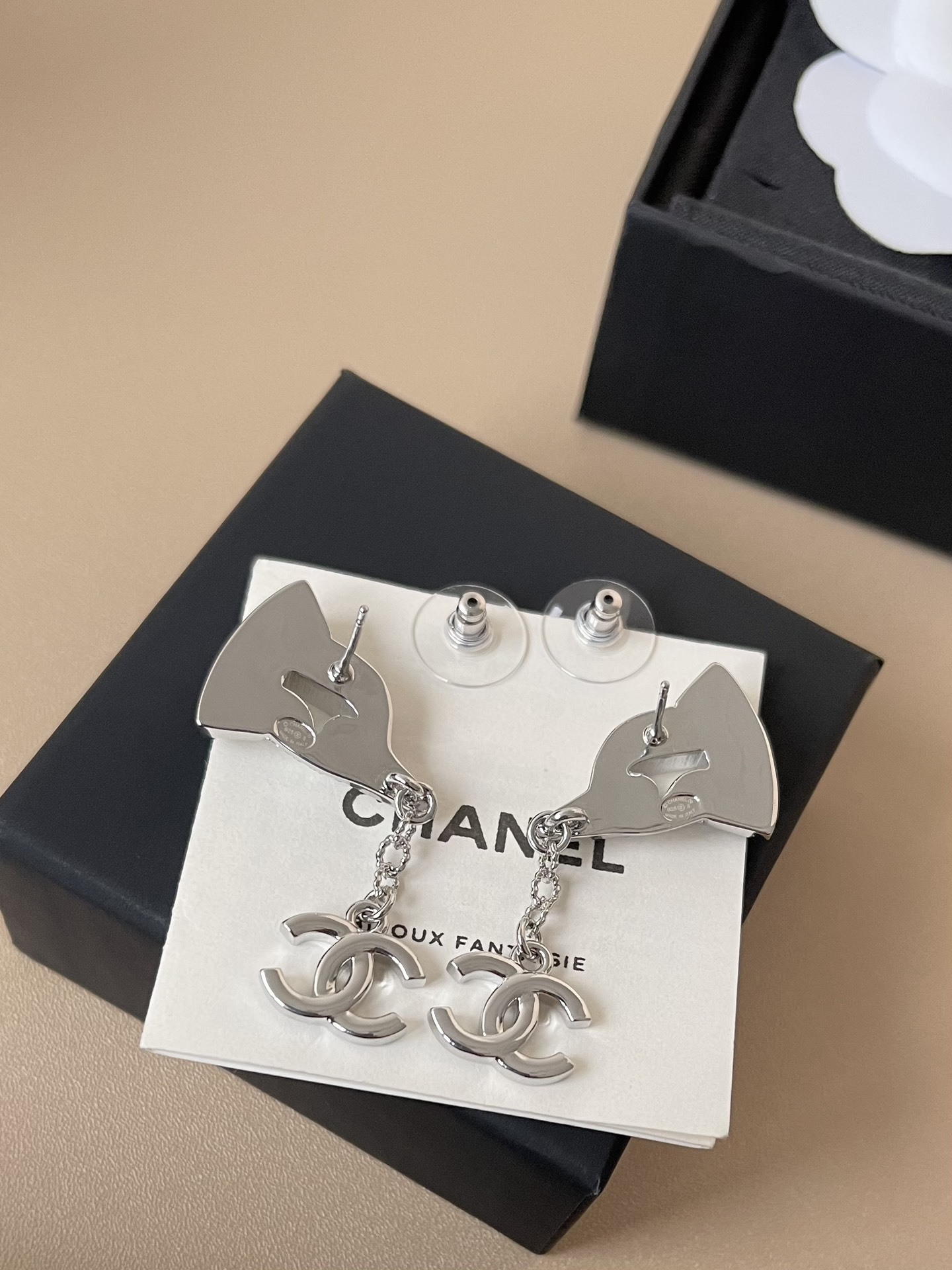 Chanel 2025 SS Silver Crystal Bird Motif CC Drop Earrings