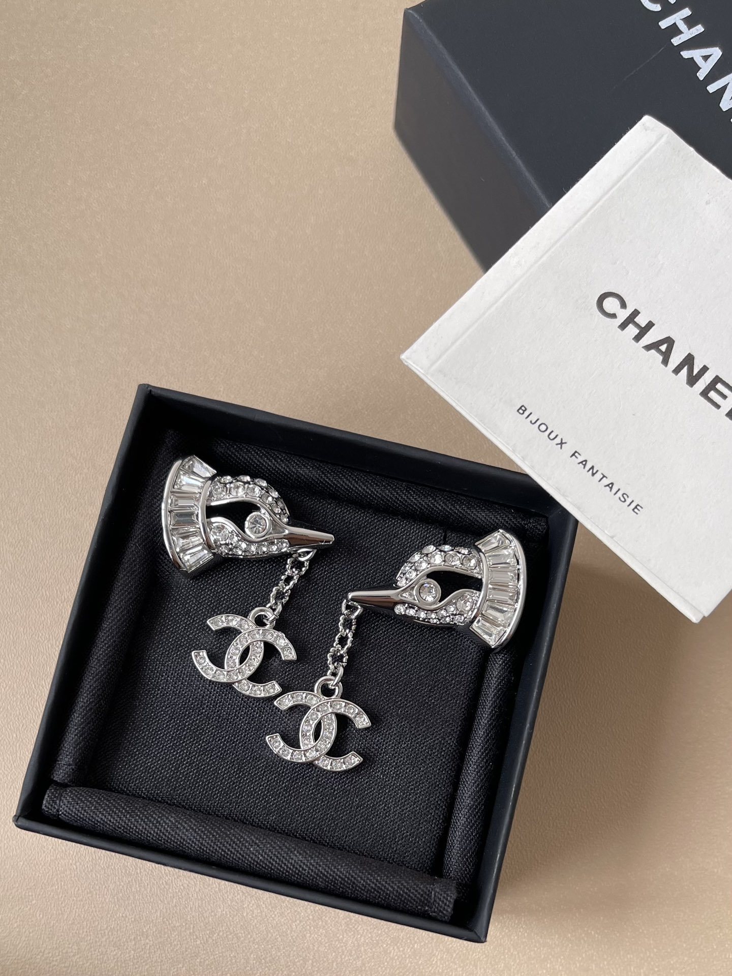 Chanel 2025 SS Silver Crystal Bird Motif CC Drop Earrings