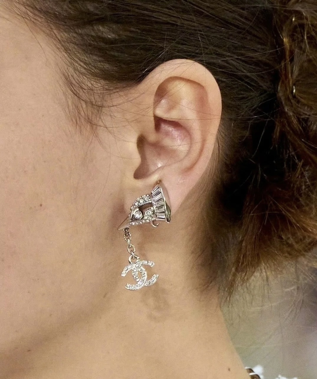 Chanel 2025 SS Silver Crystal Bird Motif CC Drop Earrings