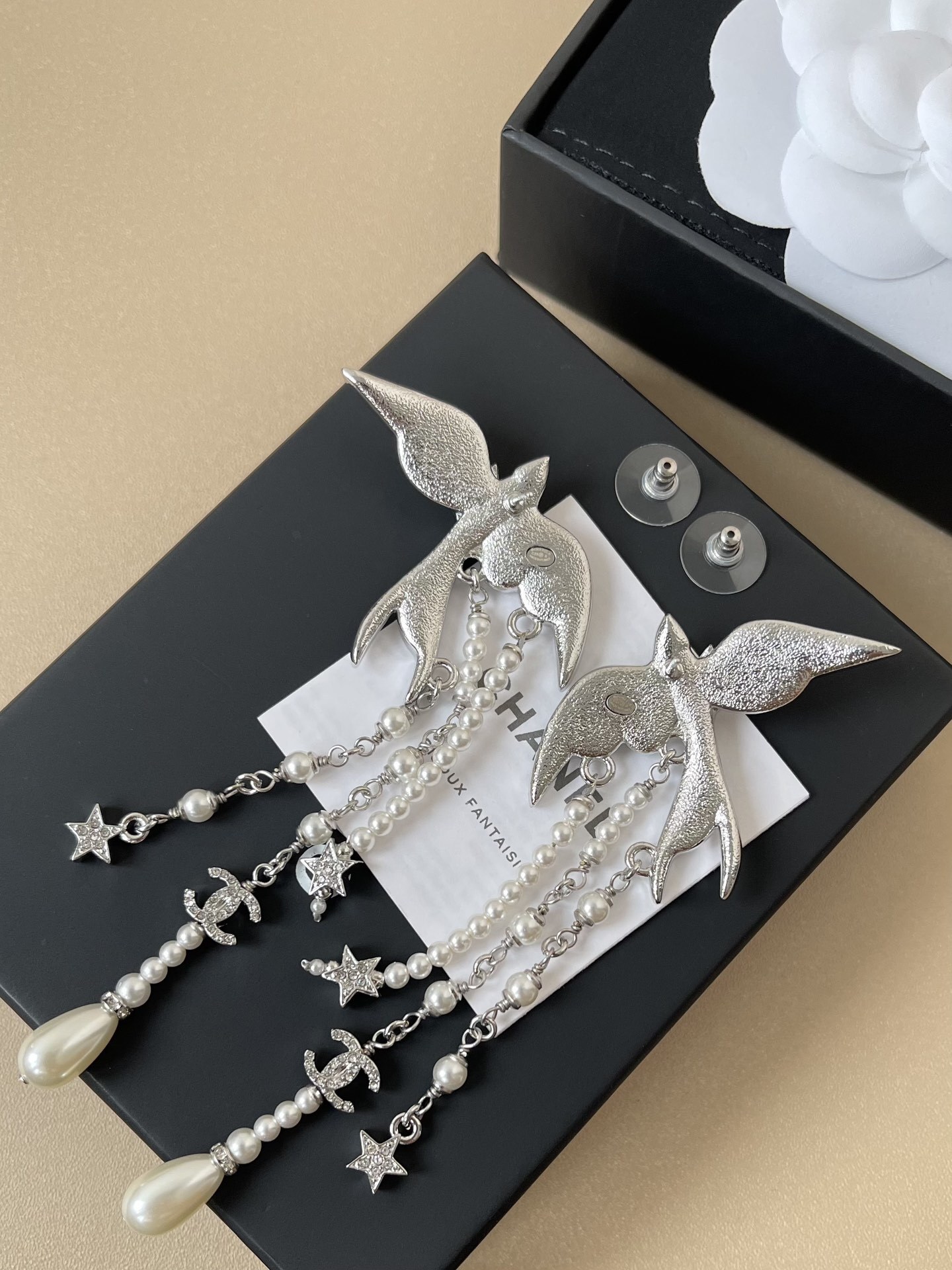 Chanel 2025 Crystal Bird & Pearl Drop Earrings Silver CC Logo