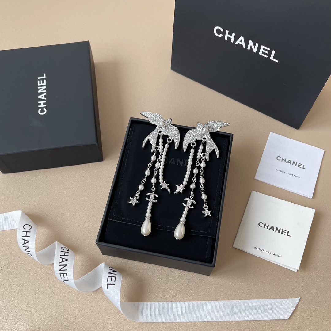 Chanel 2025 Crystal Bird & Pearl Drop Earrings Silver CC Logo
