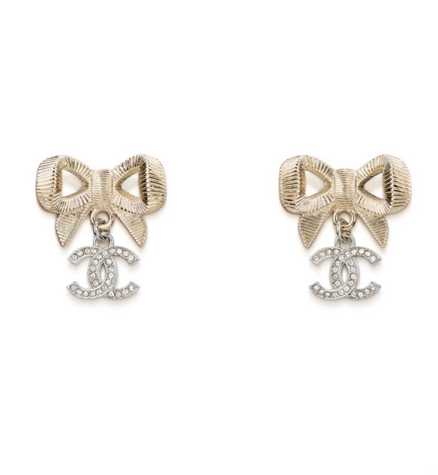 Elegant Gold Ribbon Bow Earrings with Crystal CC Dangle Charms