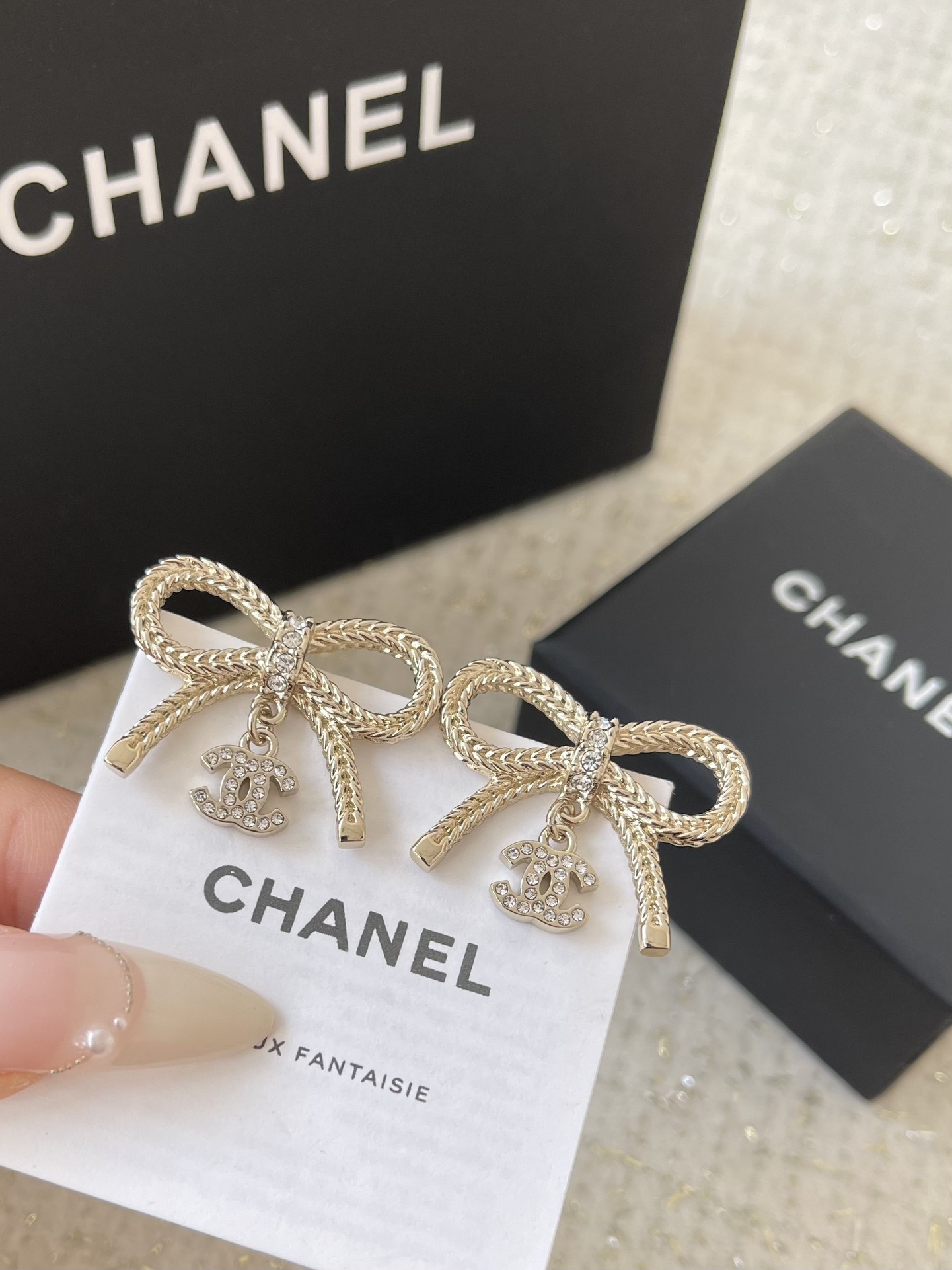 Gold Bow Stud Earrings with Crystal Logo Charm - Elegant 24B Style