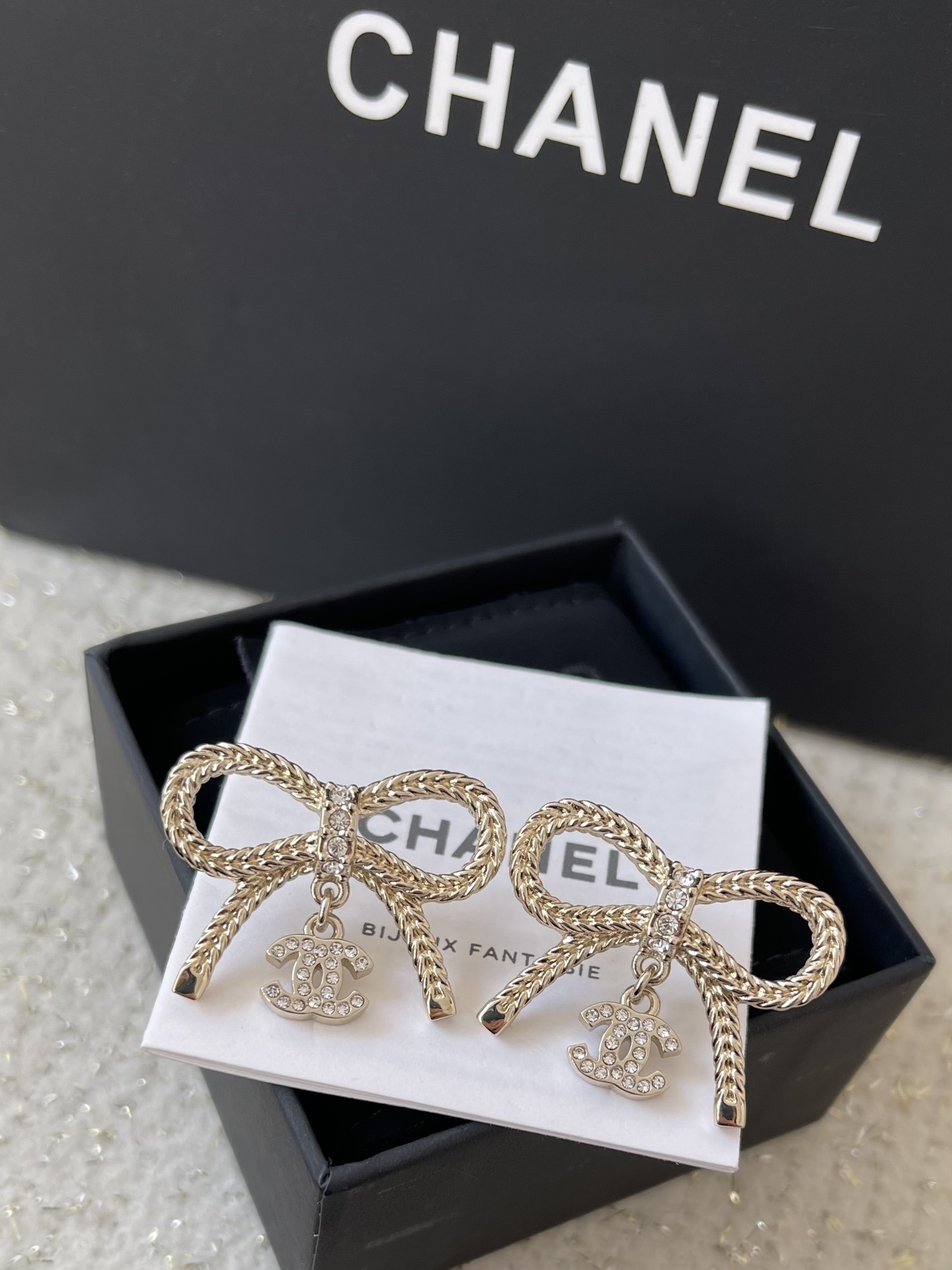 Gold Bow Stud Earrings with Crystal Logo Charm - Elegant 24B Style