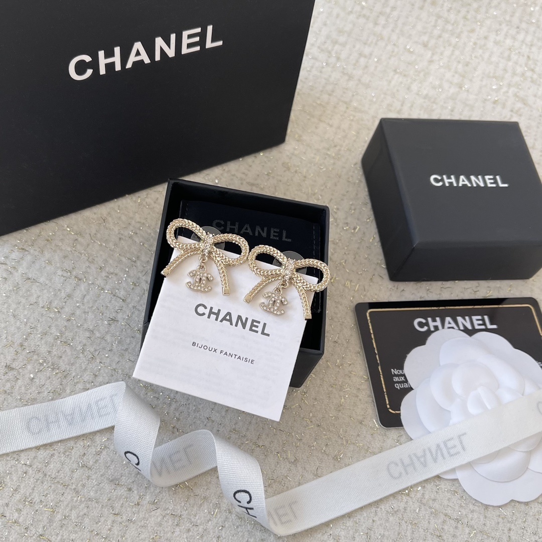 Gold Bow Stud Earrings with Crystal Logo Charm - Elegant 24B Style