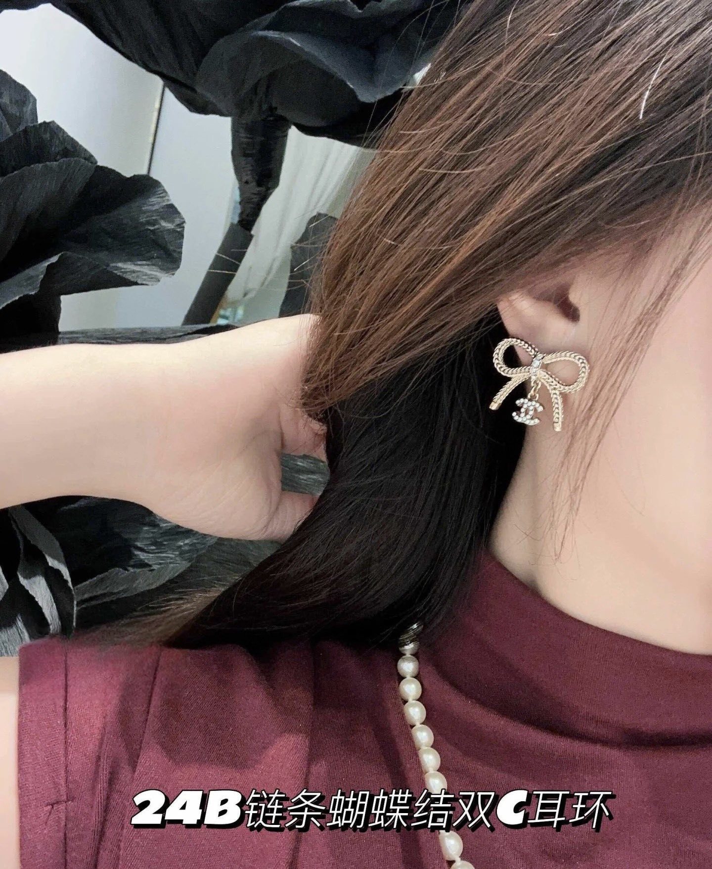 Gold Bow Stud Earrings with Crystal Logo Charm – Elegant 24B Style