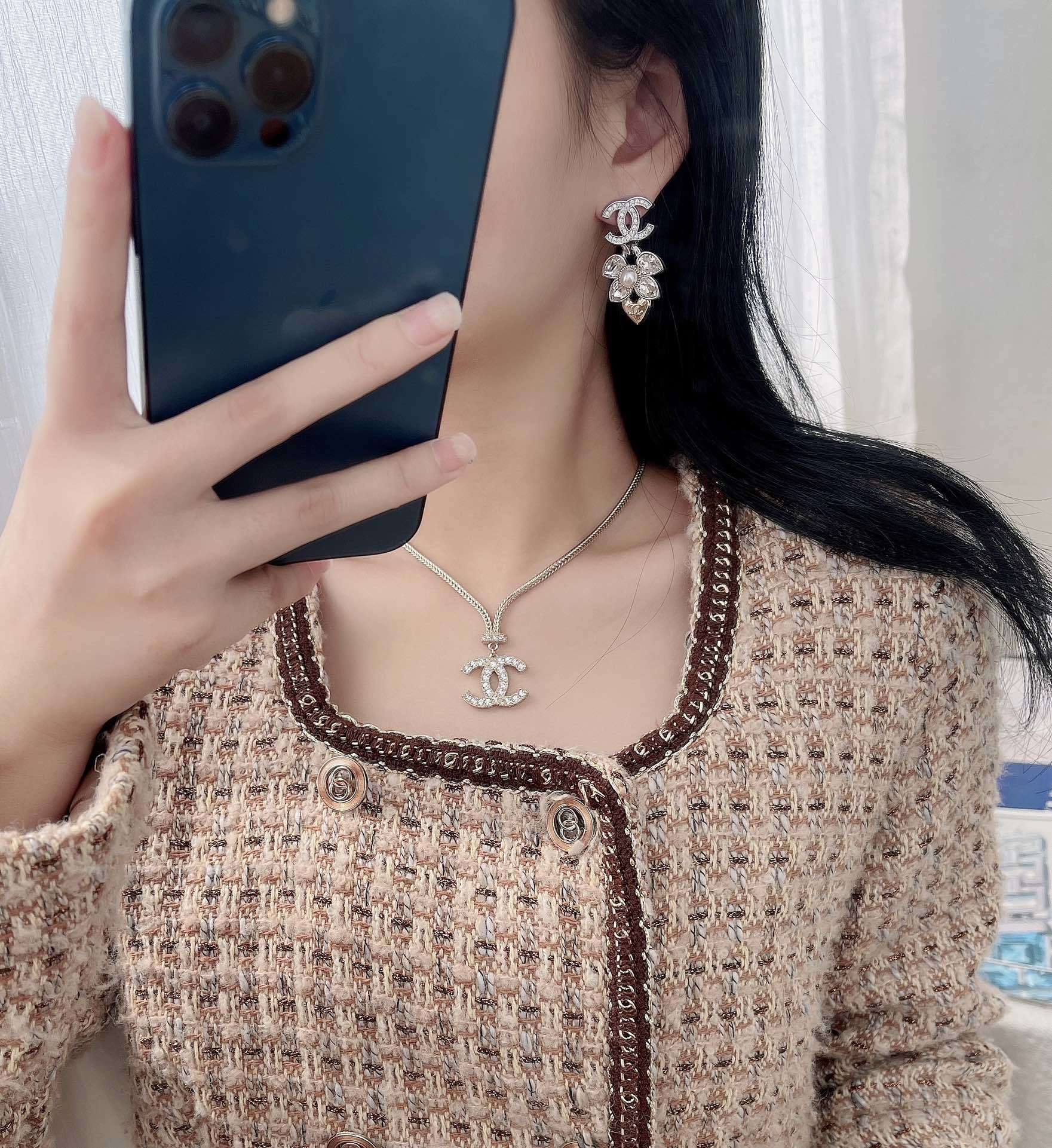 Chanel CC Logo Crystal Flower Pearl & Heart Charm Drop Earrings