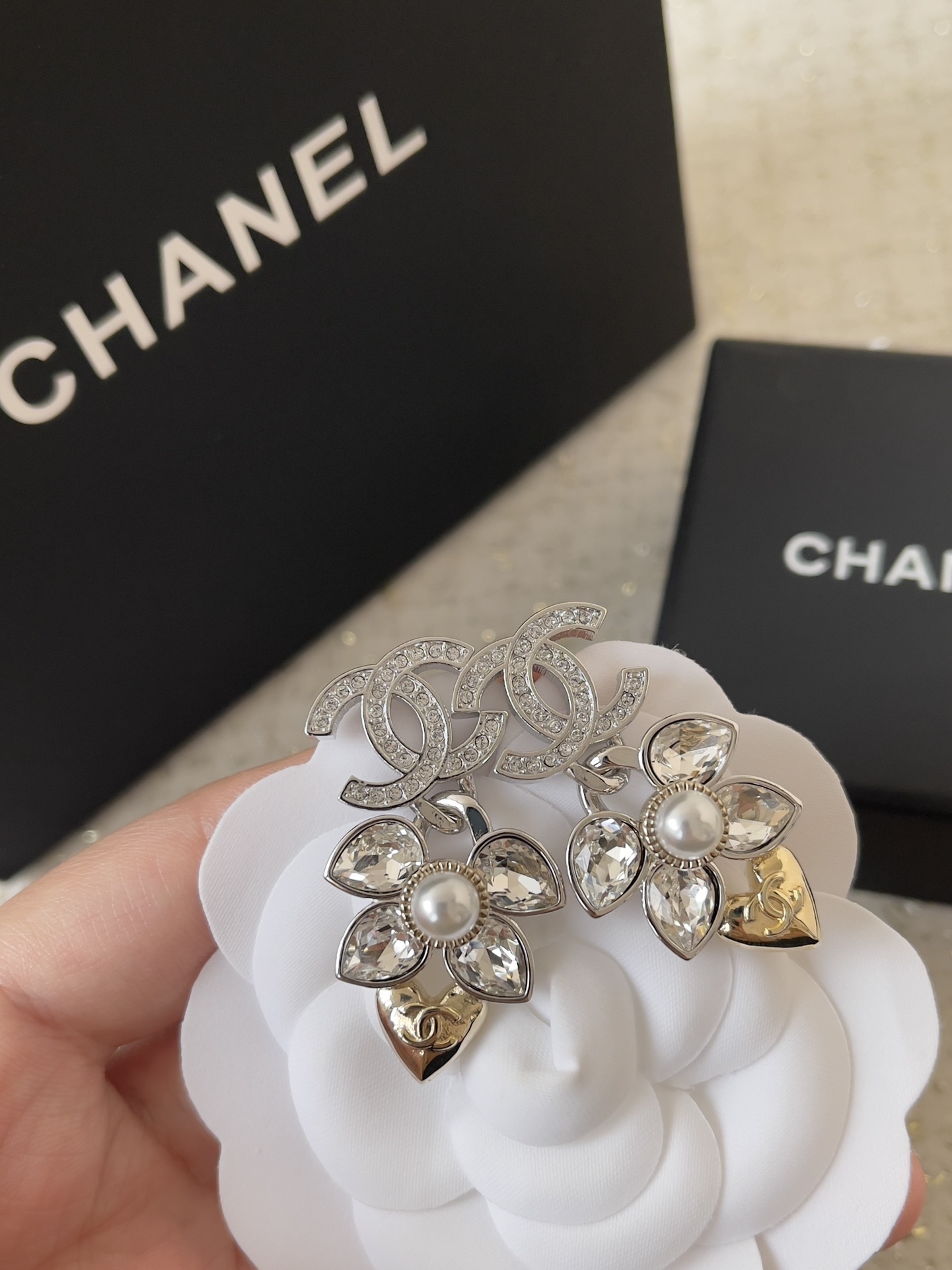 Chanel CC Logo Crystal Flower Pearl & Heart Charm Drop Earrings