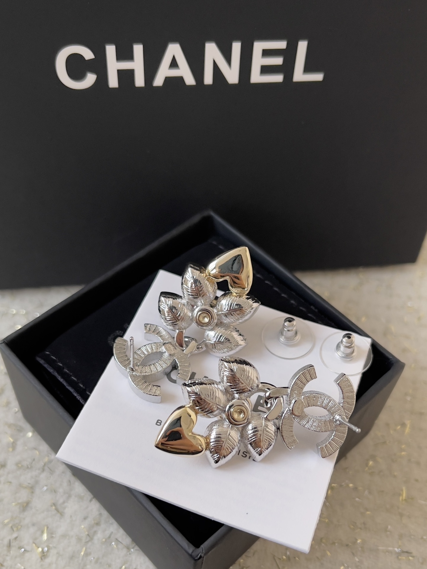 Chanel CC Logo Crystal Flower Pearl & Heart Charm Drop Earrings