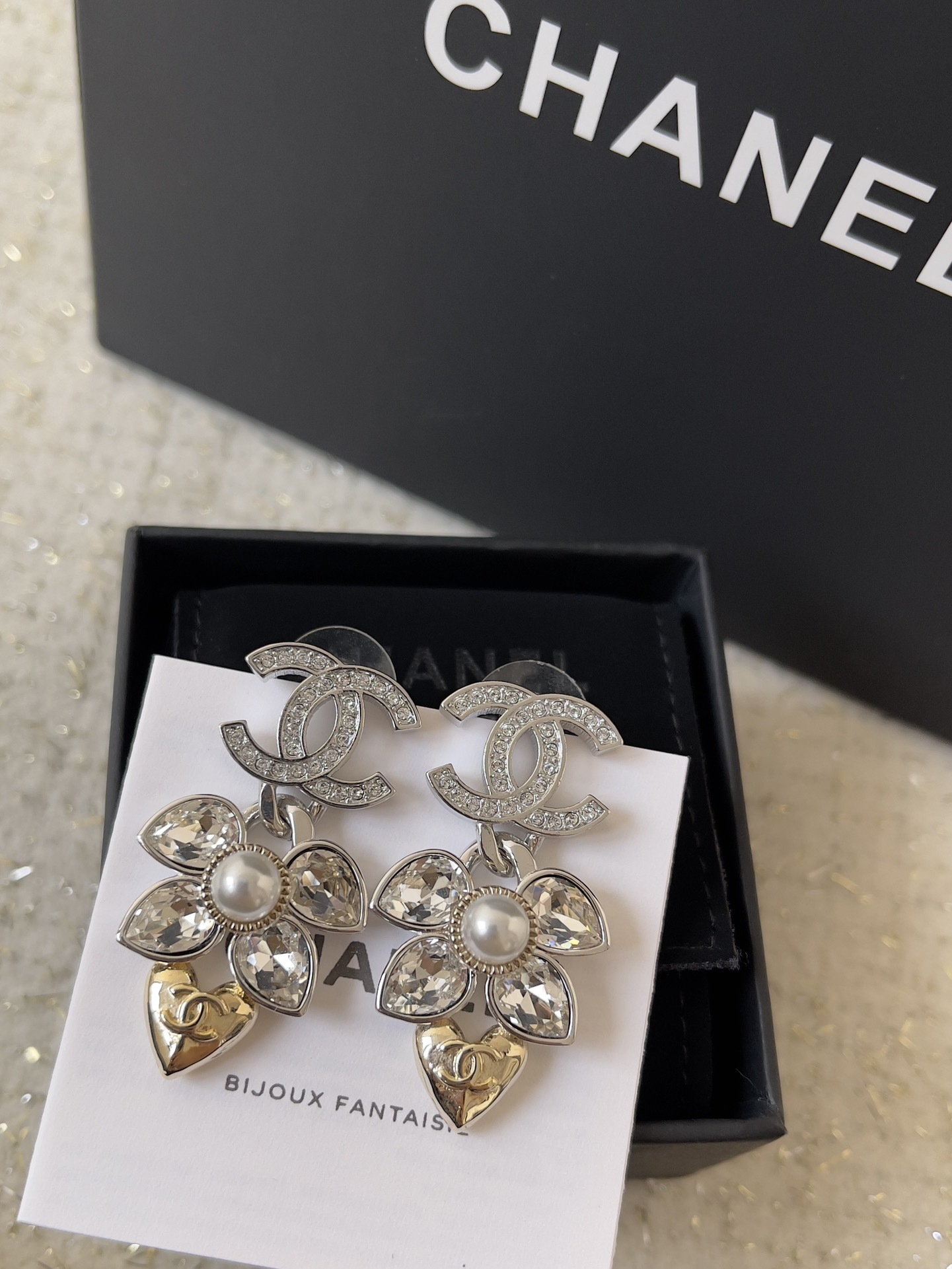 Chanel CC Logo Crystal Flower Pearl & Heart Charm Drop Earrings