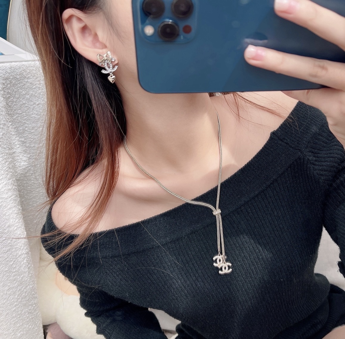 Chanel CC Logo Earrings with Crystal Bow and Heart Charm