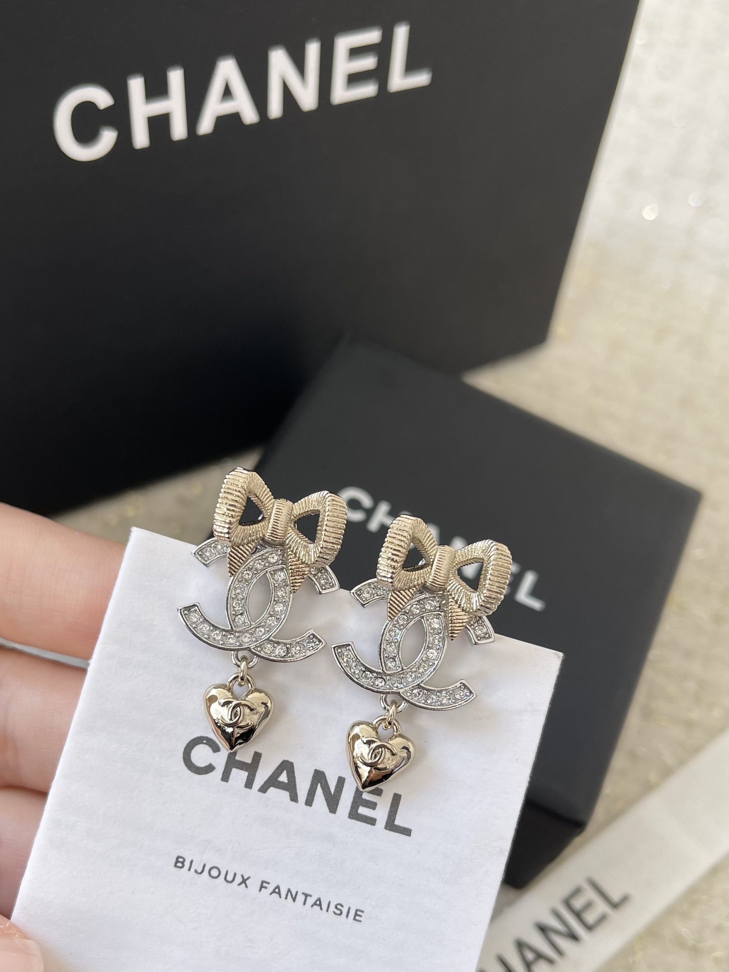Chanel CC Logo Earrings with Crystal Bow and Heart Charm