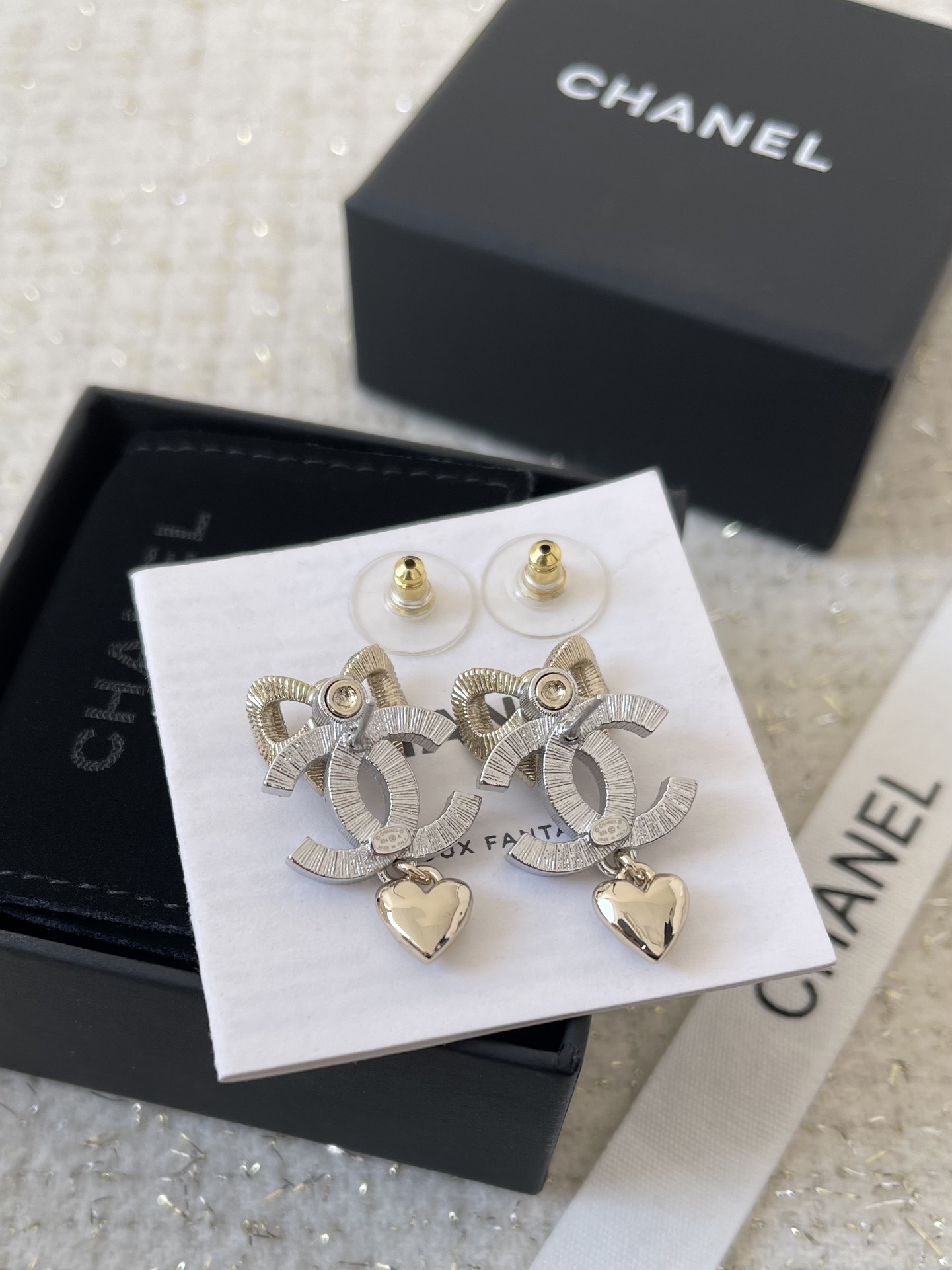Chanel CC Logo Earrings with Crystal Bow and Heart Charm