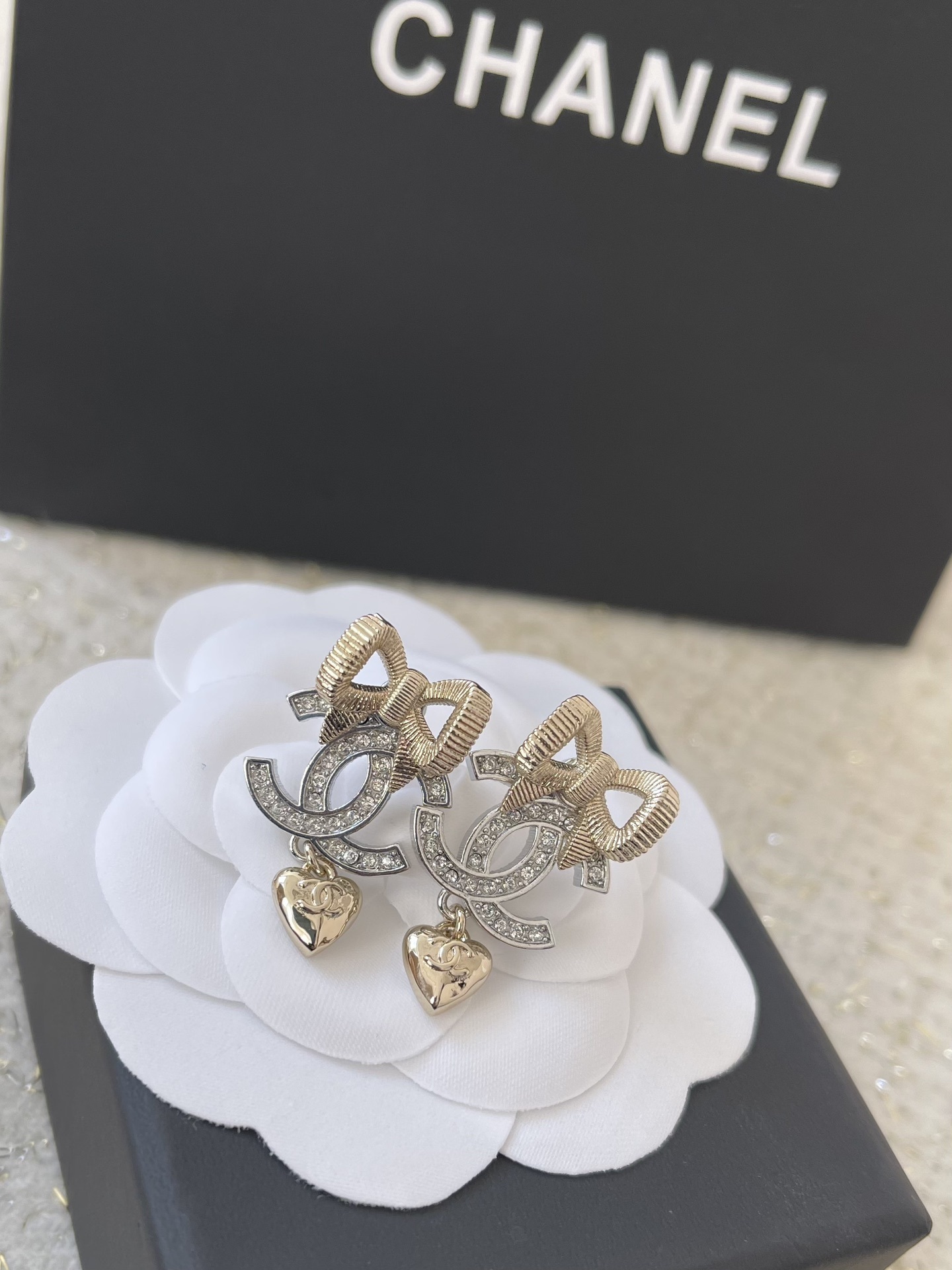 Chanel CC Logo Earrings with Crystal Bow and Heart Charm