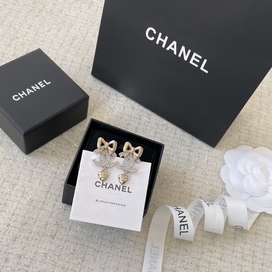 Chanel CC Logo Earrings with Crystal Bow and Heart Charm