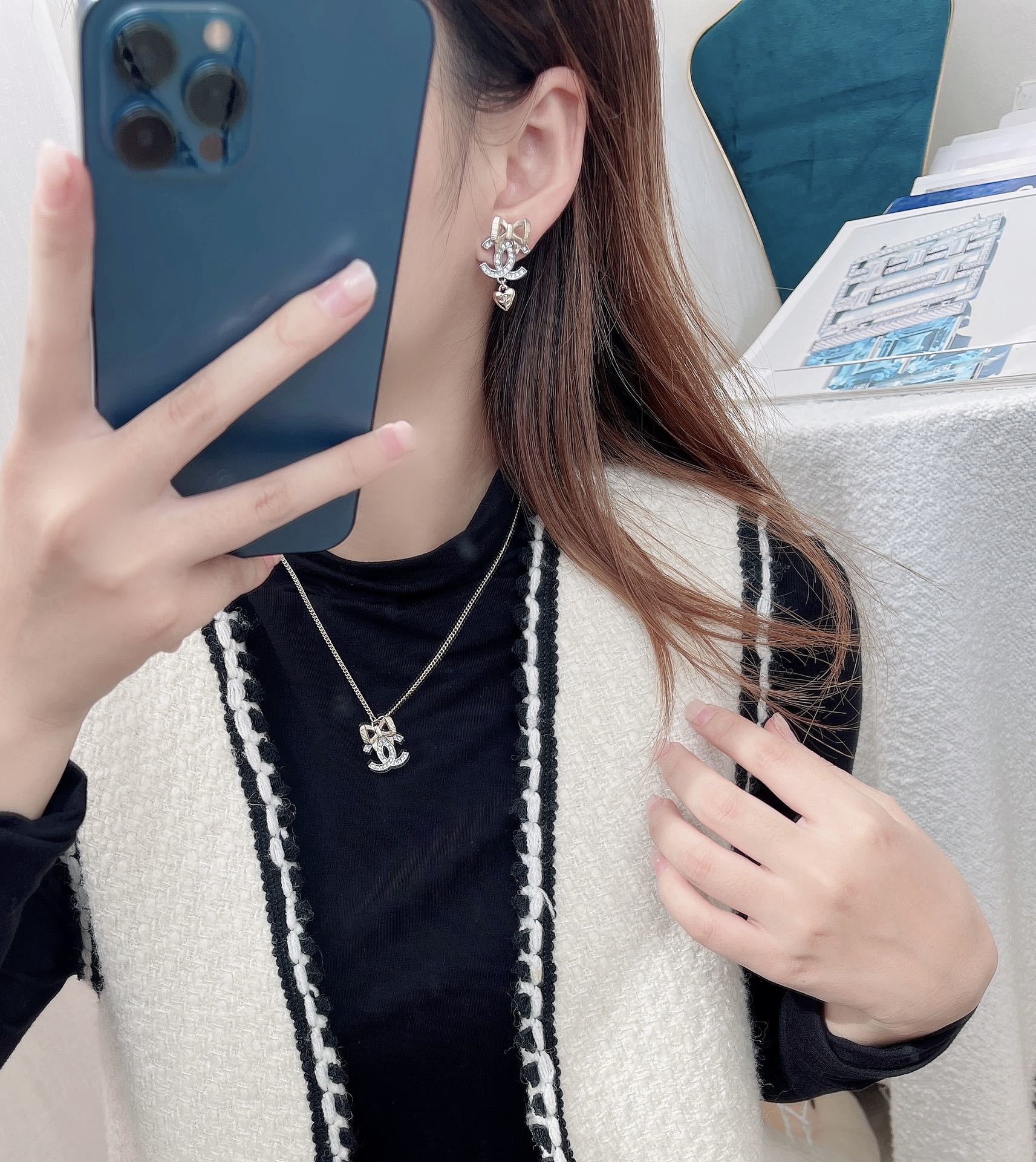 Chanel CC Logo Earrings with Crystal Bow and Heart Charm