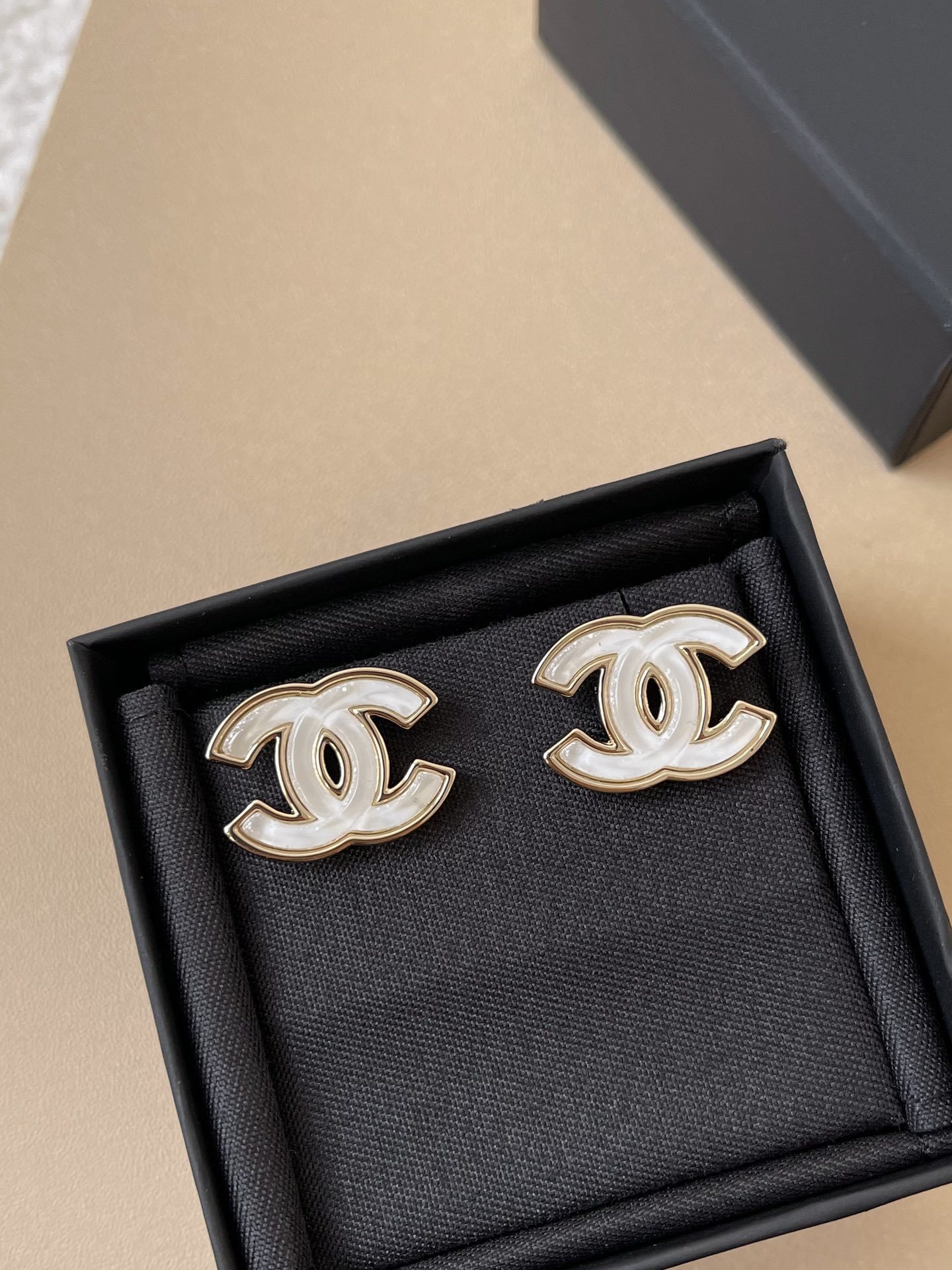 Chanel CC Logo Stud Earrings - 2025 Spring Summer Preview Gold White