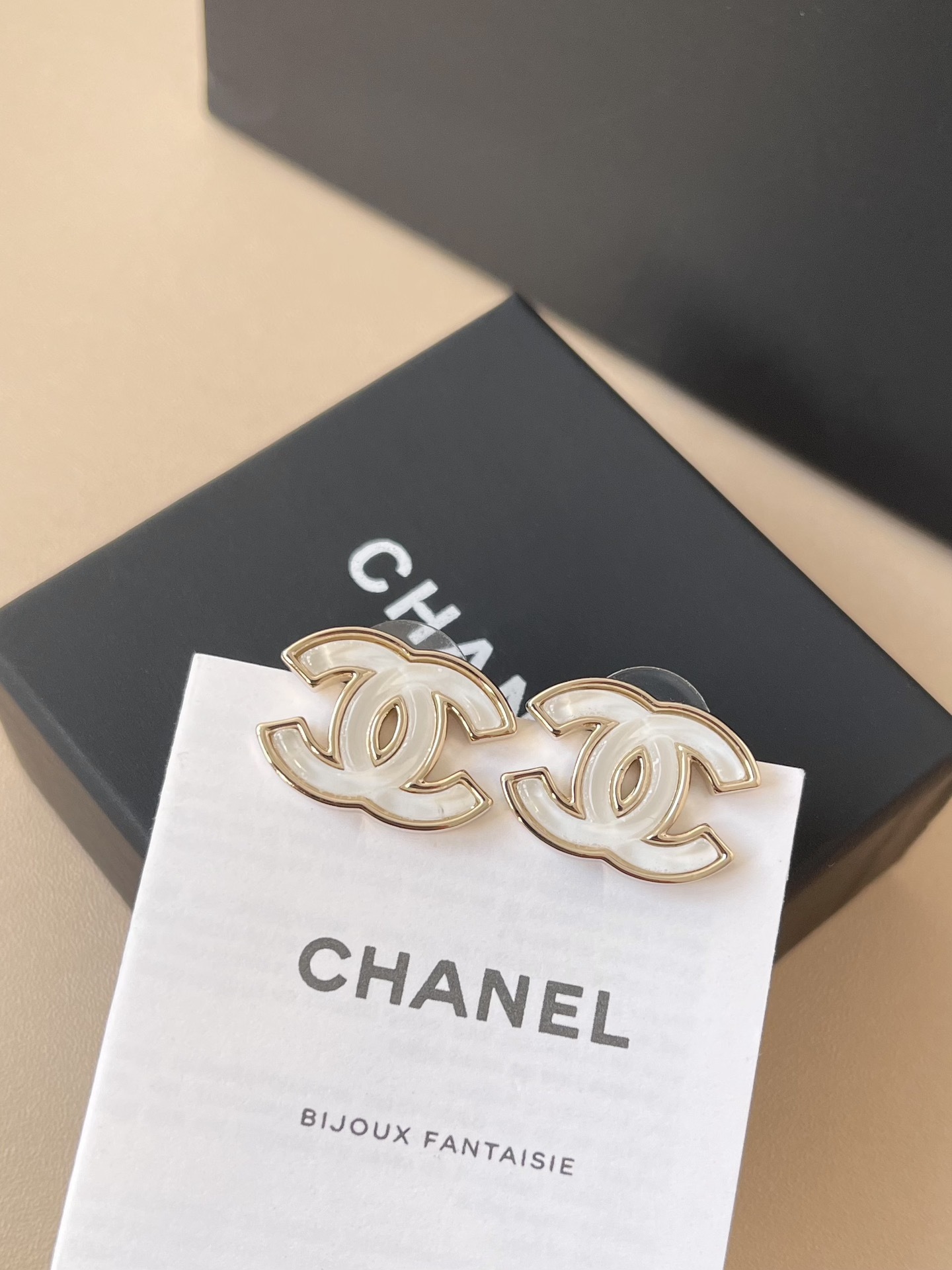 Chanel CC Logo Stud Earrings - 2025 Spring Summer Preview Gold White
