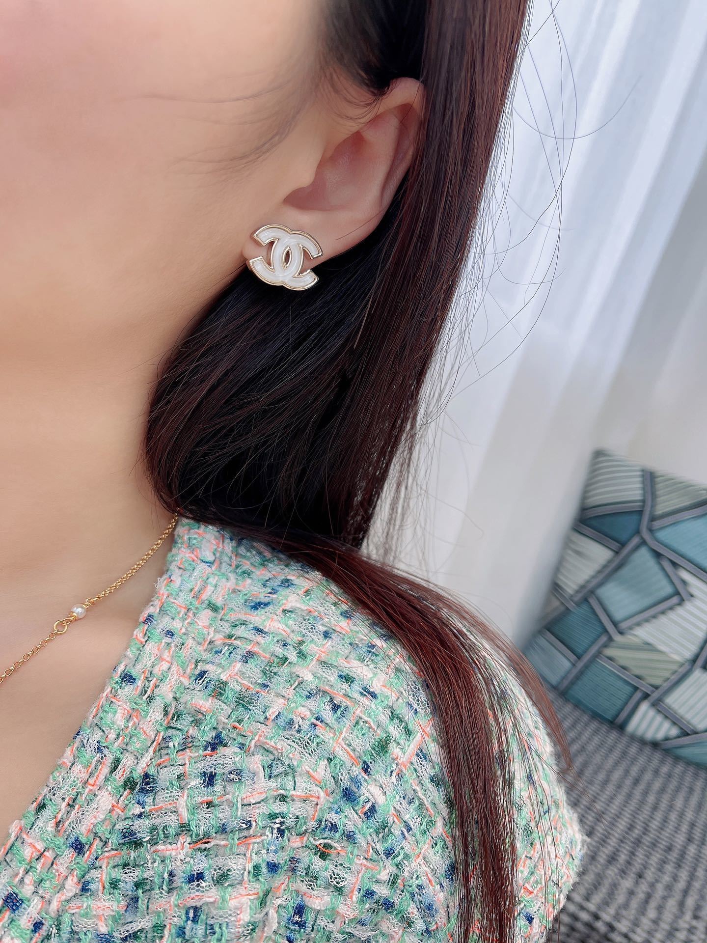 Chanel CC Logo Stud Earrings - 2025 Spring Summer Preview Gold White