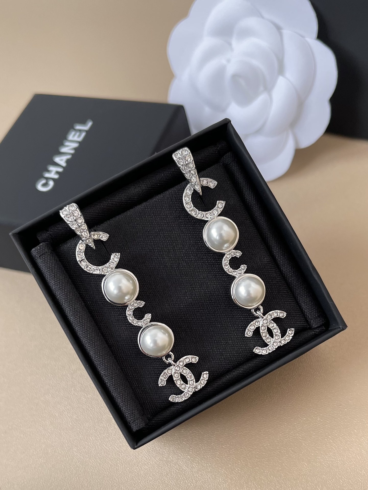 Chanel CC Crystal Pearl Long Drop Earrings - Elegant Silver Jewelry