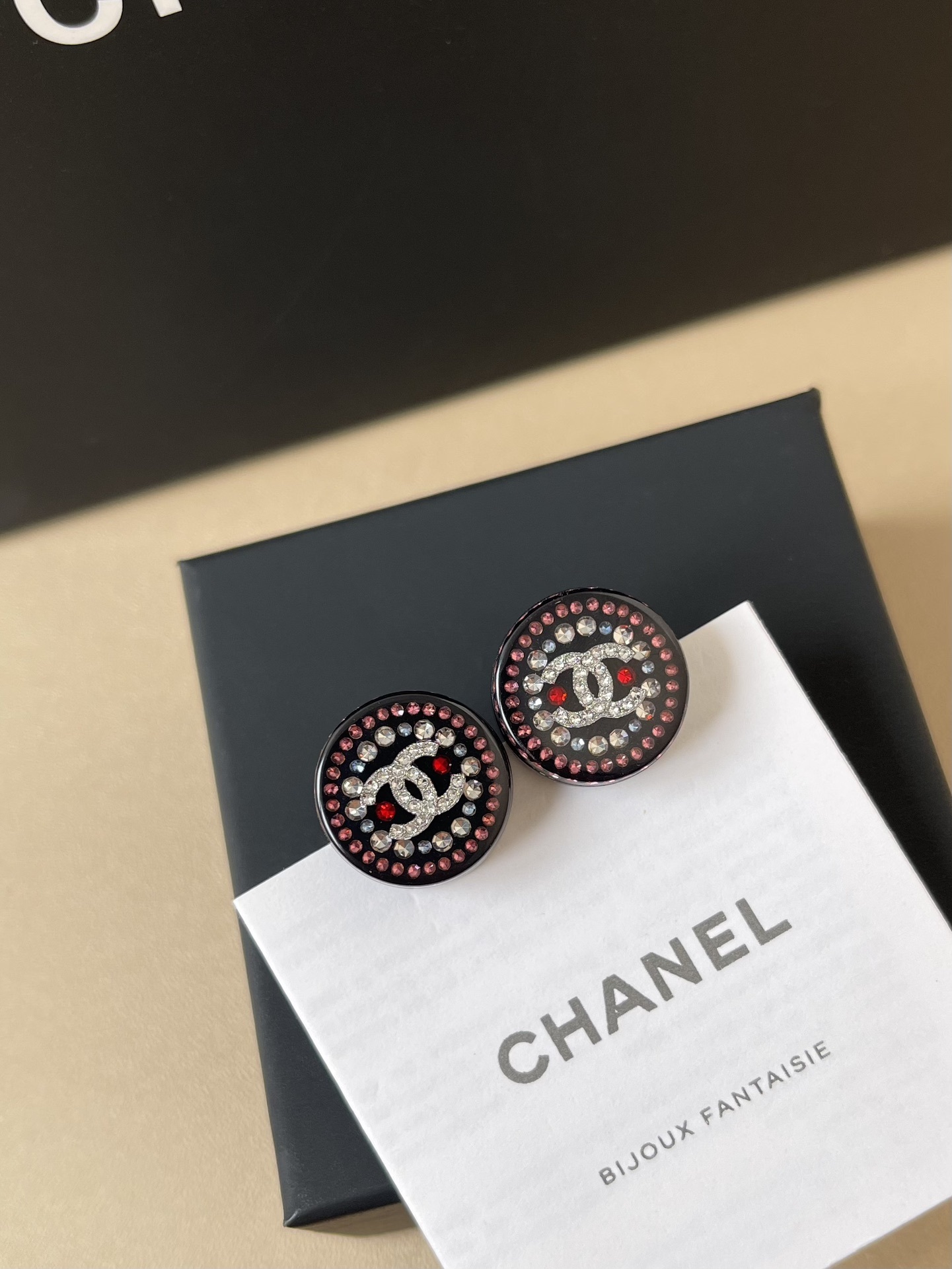 Chanel Crystal CC Logo Round Stud Earrings - Elegant Pink & Red