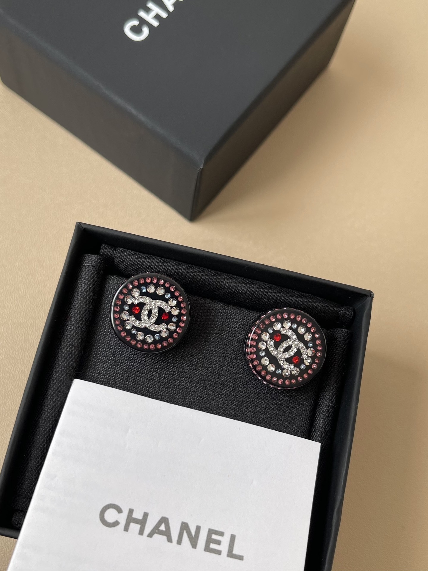 Chanel Crystal CC Logo Round Stud Earrings - Elegant Pink & Red