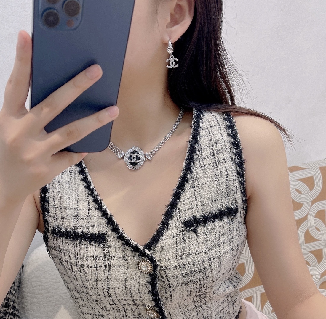 Chanel Silver Heart & Crystal CC Logo Dangle Earrings - Full Set