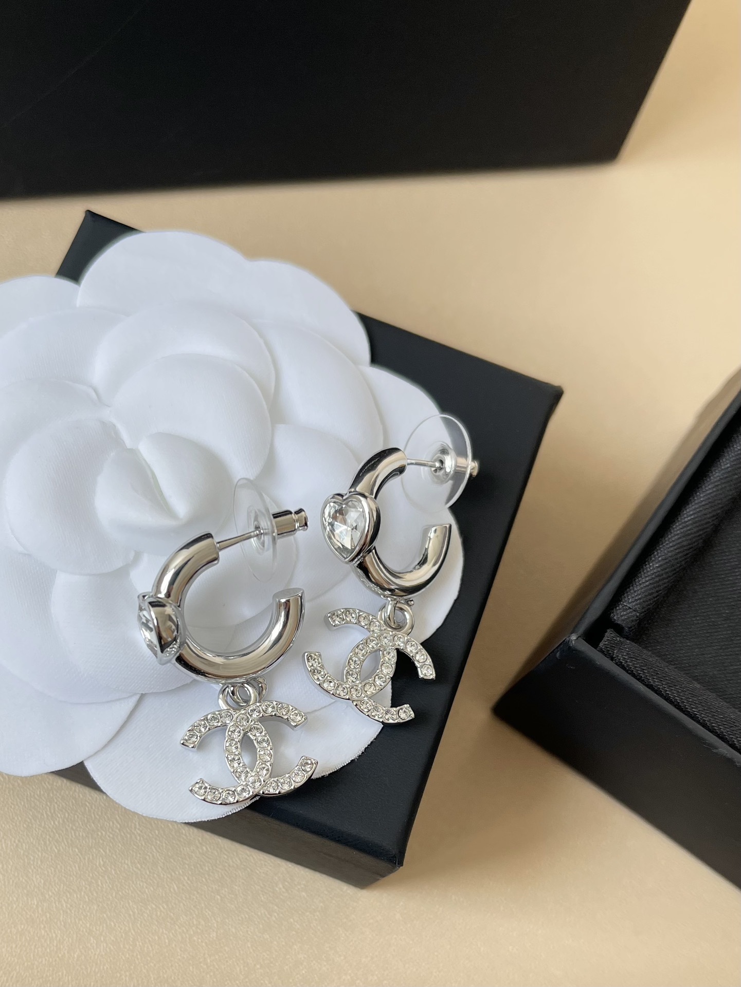 Chanel Silver Heart & Crystal CC Logo Dangle Earrings - Full Set