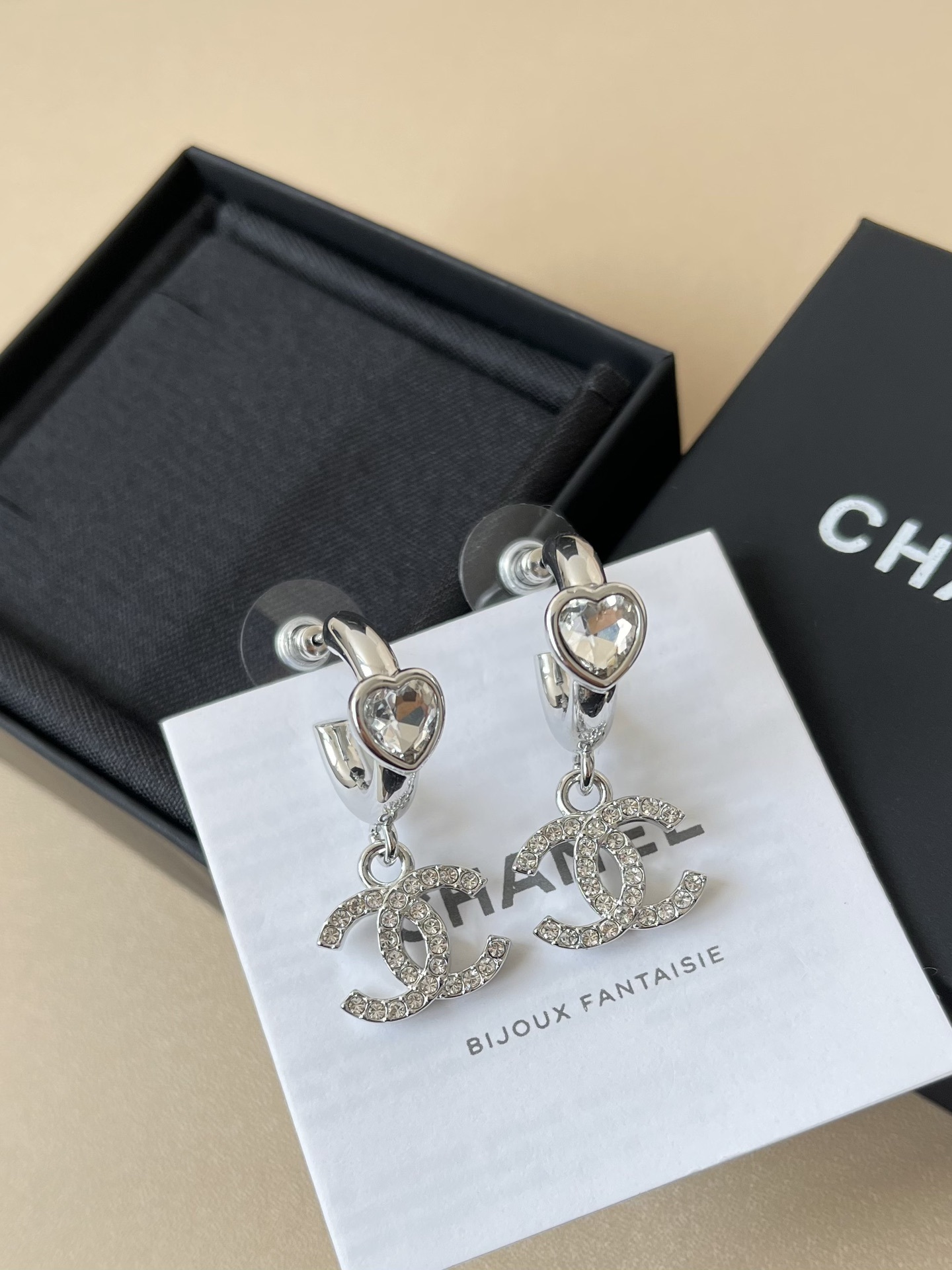 Chanel Silver Heart & Crystal CC Logo Dangle Earrings - Full Set