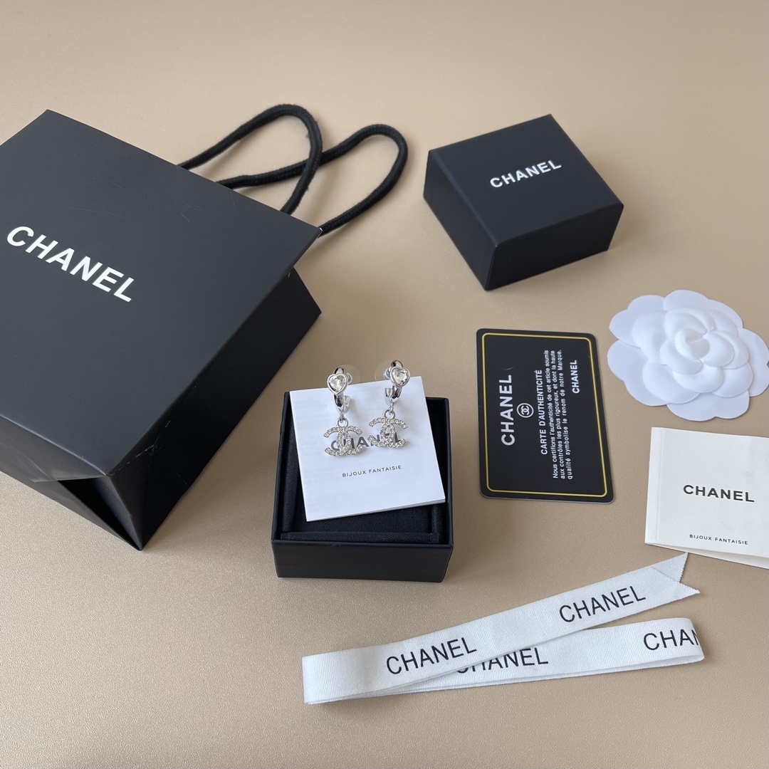 Chanel Silver Heart & Crystal CC Logo Dangle Earrings - Full Set