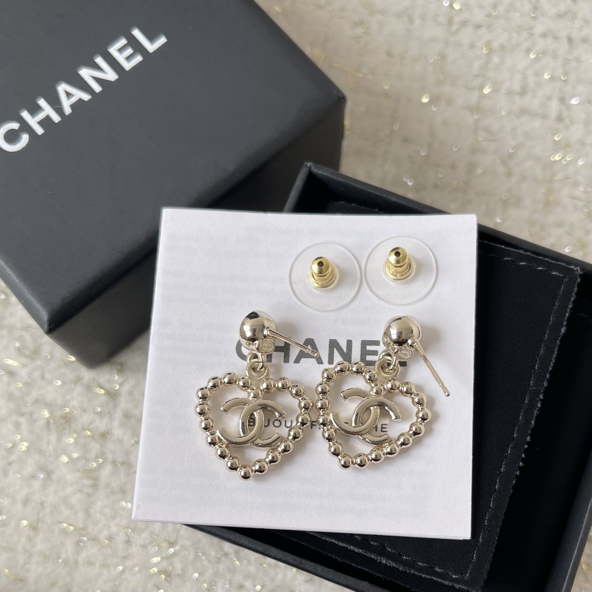 Elegant Silver Heart CC Logo Earrings with Pearl & Crystals