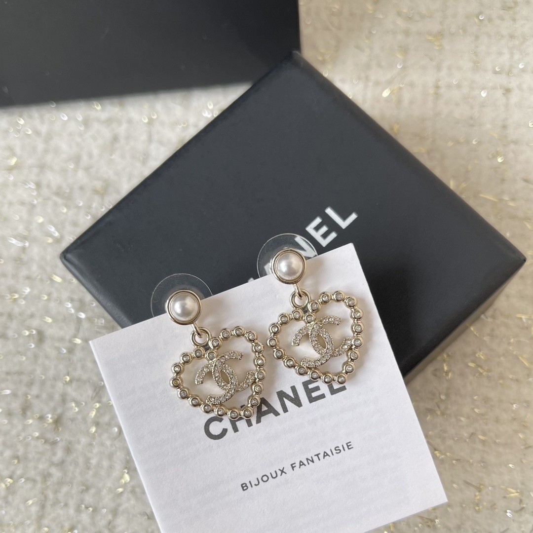 Elegant Silver Heart CC Logo Earrings with Pearl & Crystals