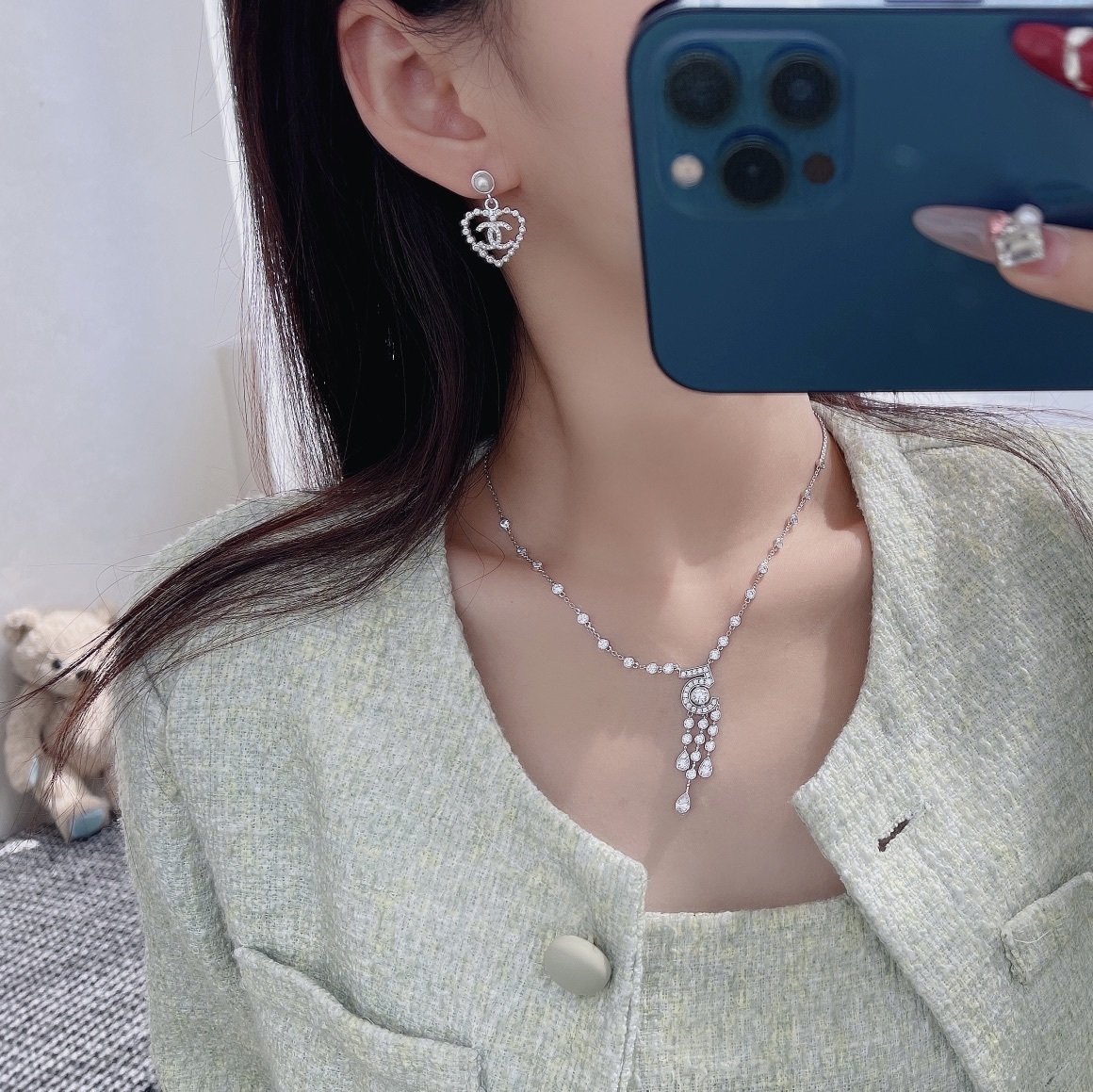 Elegant Silver Heart CC Logo Earrings with Pearl & Crystals