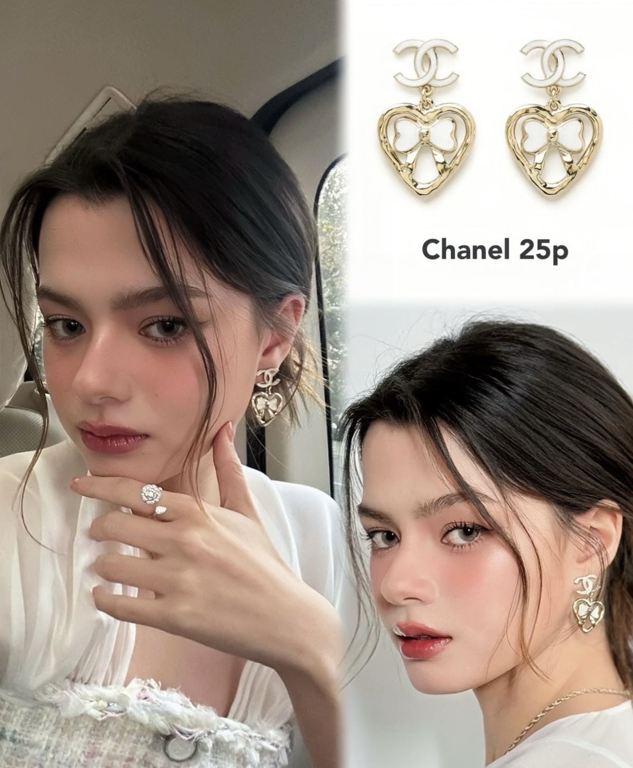Chanel CC Logo Heart & Bow Dangle Earrings – Gold Tone Luxury