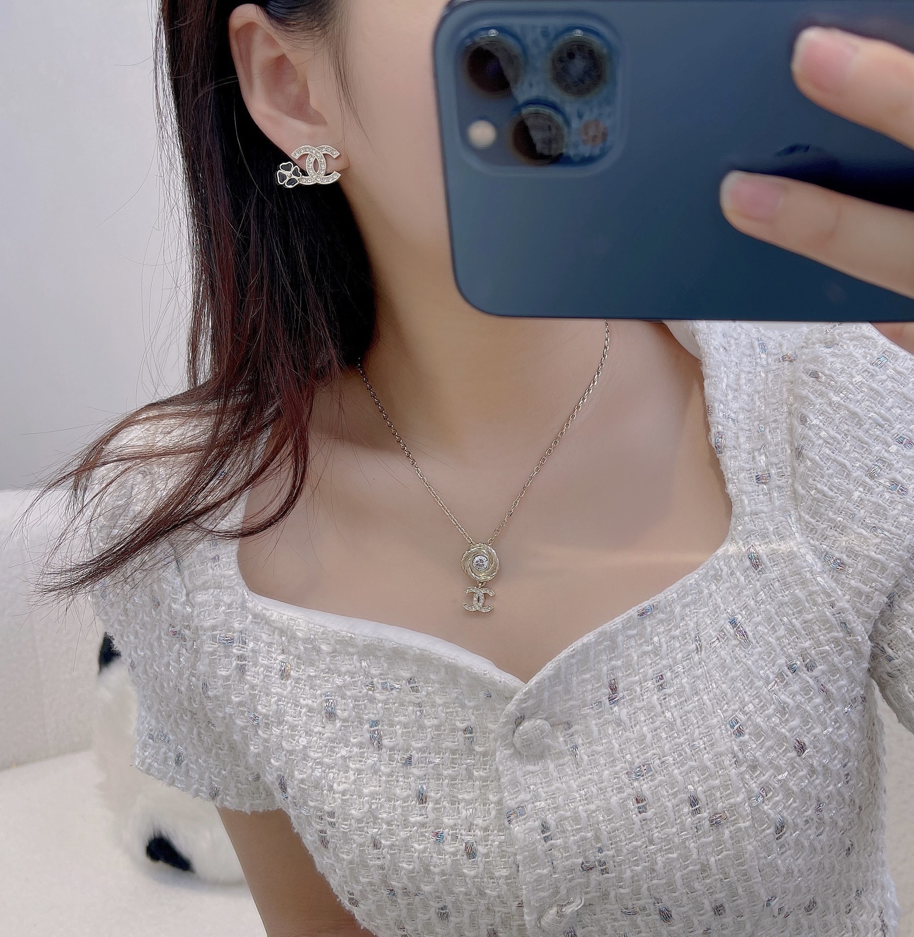 Elegant Crystal CC Logo & Clover Earrings – Premium Jewelry Gift