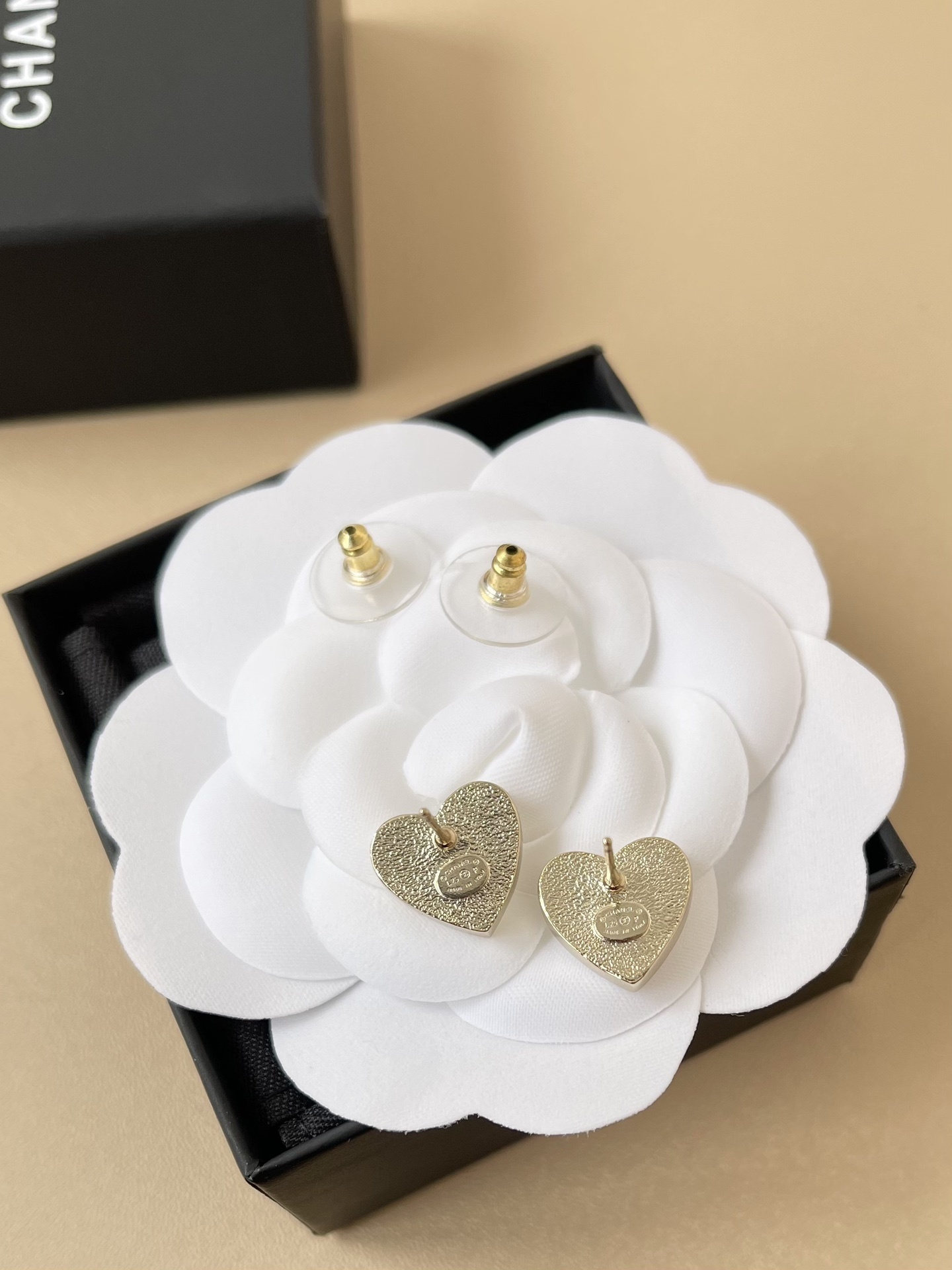 Chanel CC Heart Stud Earrings - Elegant Gold & White Enamel
