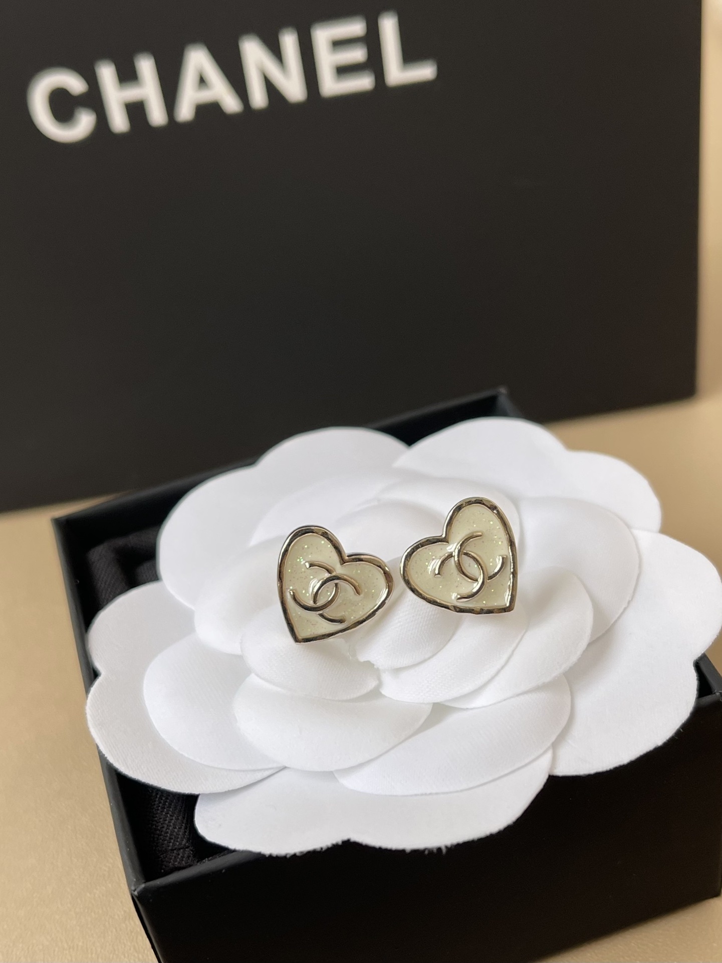 Chanel CC Heart Stud Earrings - Elegant Gold & White Enamel