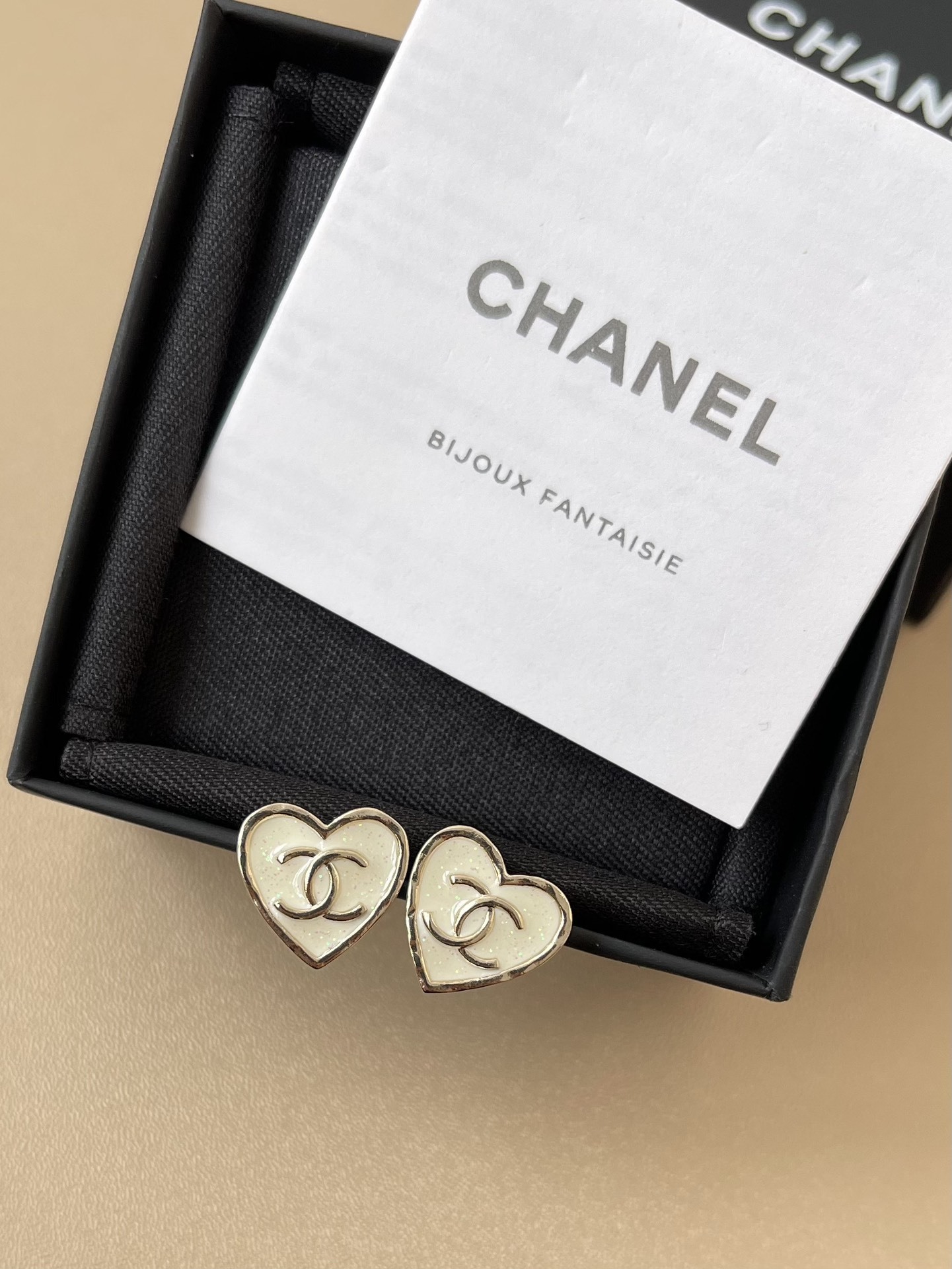 Chanel CC Heart Stud Earrings - Elegant Gold & White Enamel