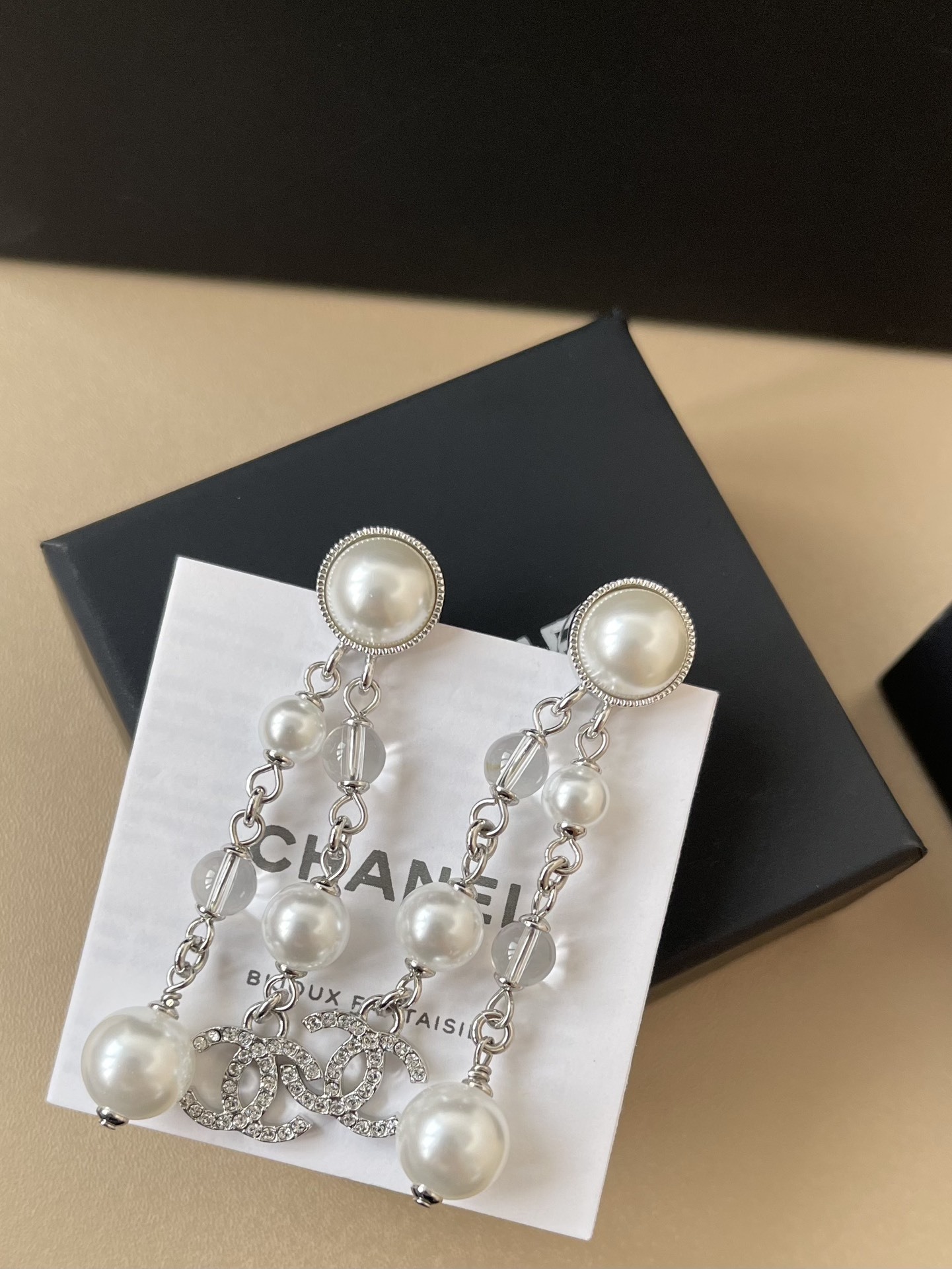 Chanel Silver Pearl & Crystal CC Logo Drop Earrings ABE872