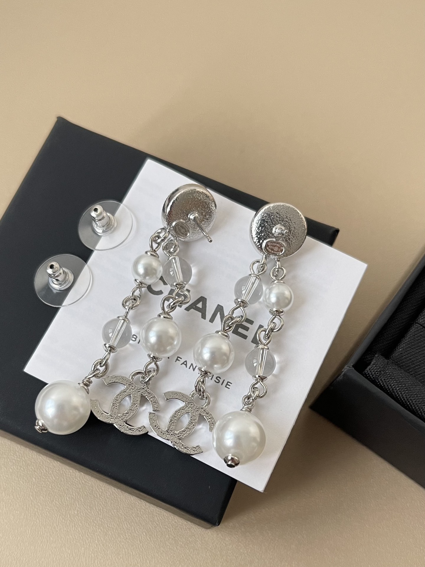 Chanel Silver Pearl & Crystal CC Logo Drop Earrings ABE872