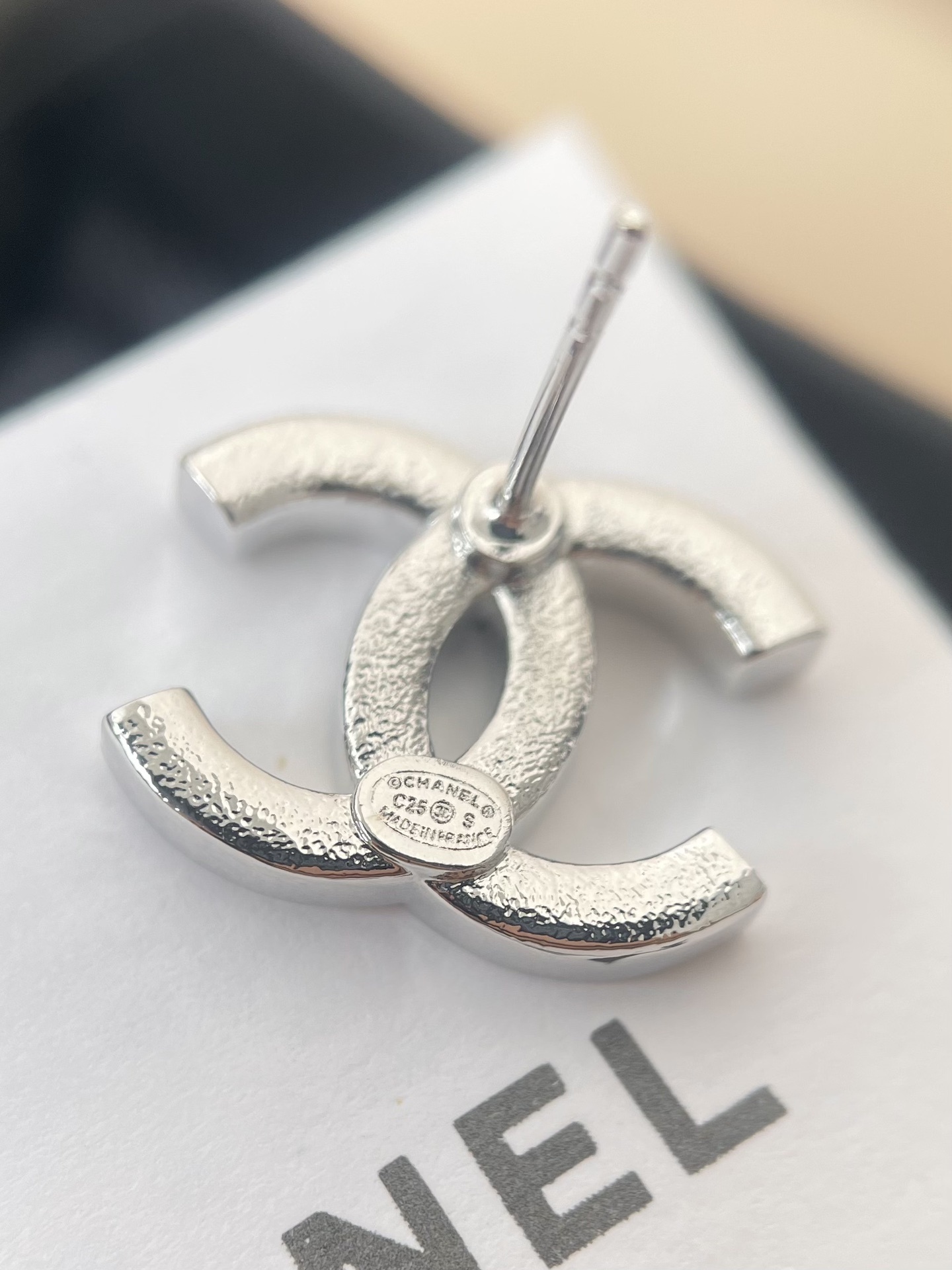 Luxury Chanel CC Logo Crystal & Black Enamel Stud Earrings