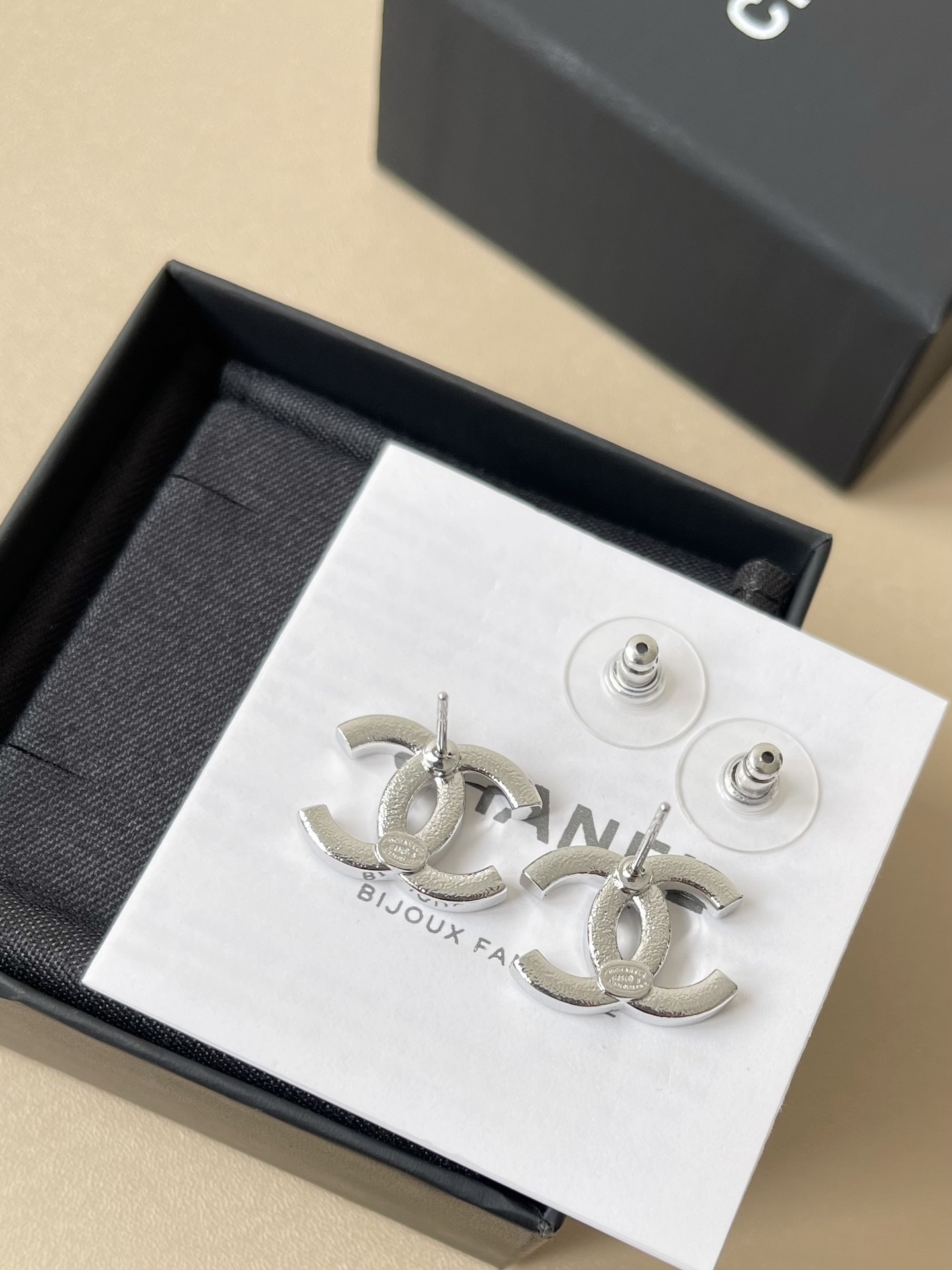 Luxury Chanel CC Logo Crystal & Black Enamel Stud Earrings