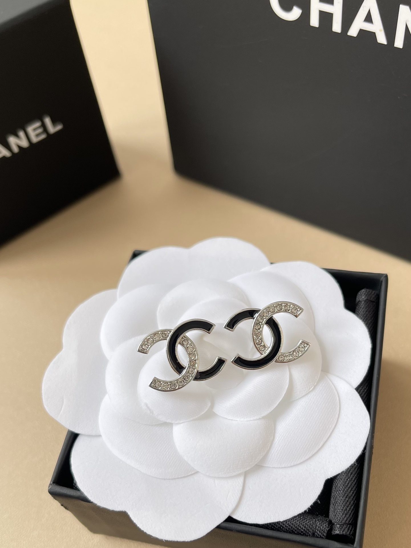 Luxury Chanel CC Logo Crystal & Black Enamel Stud Earrings