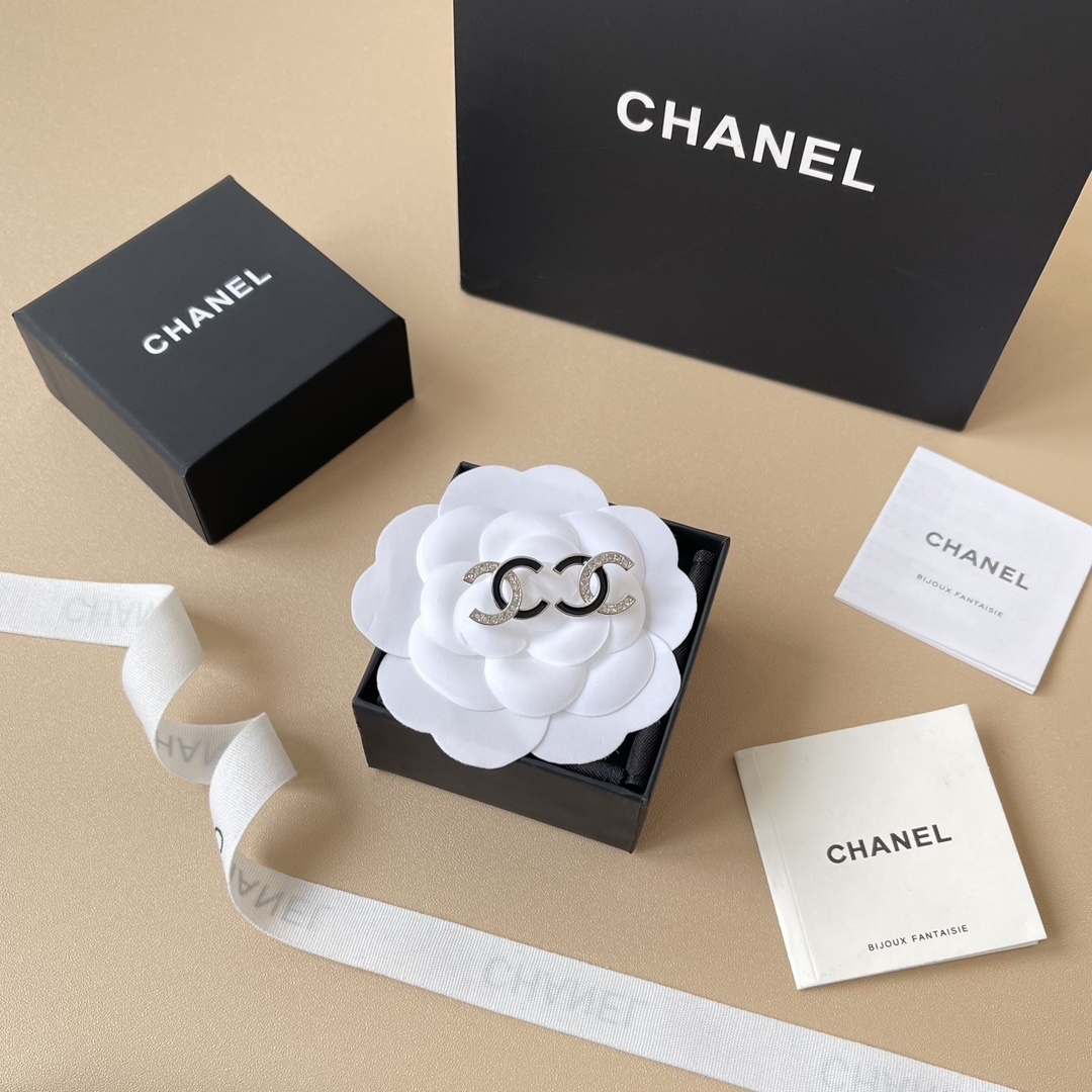Luxury Chanel CC Logo Crystal & Black Enamel Stud Earrings