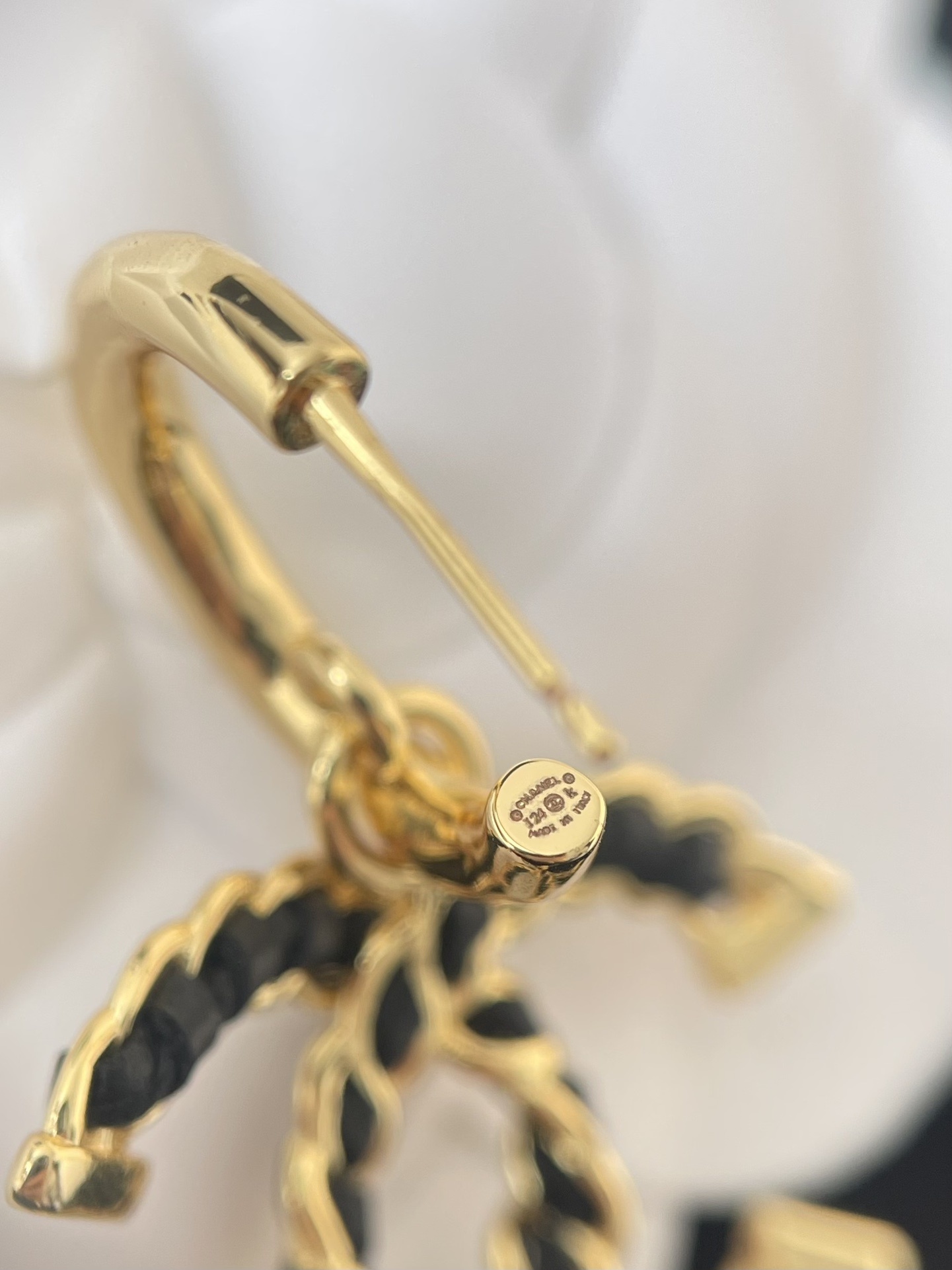 Elegant Gold & Black CC Logo Teardrop Pendant Earrings