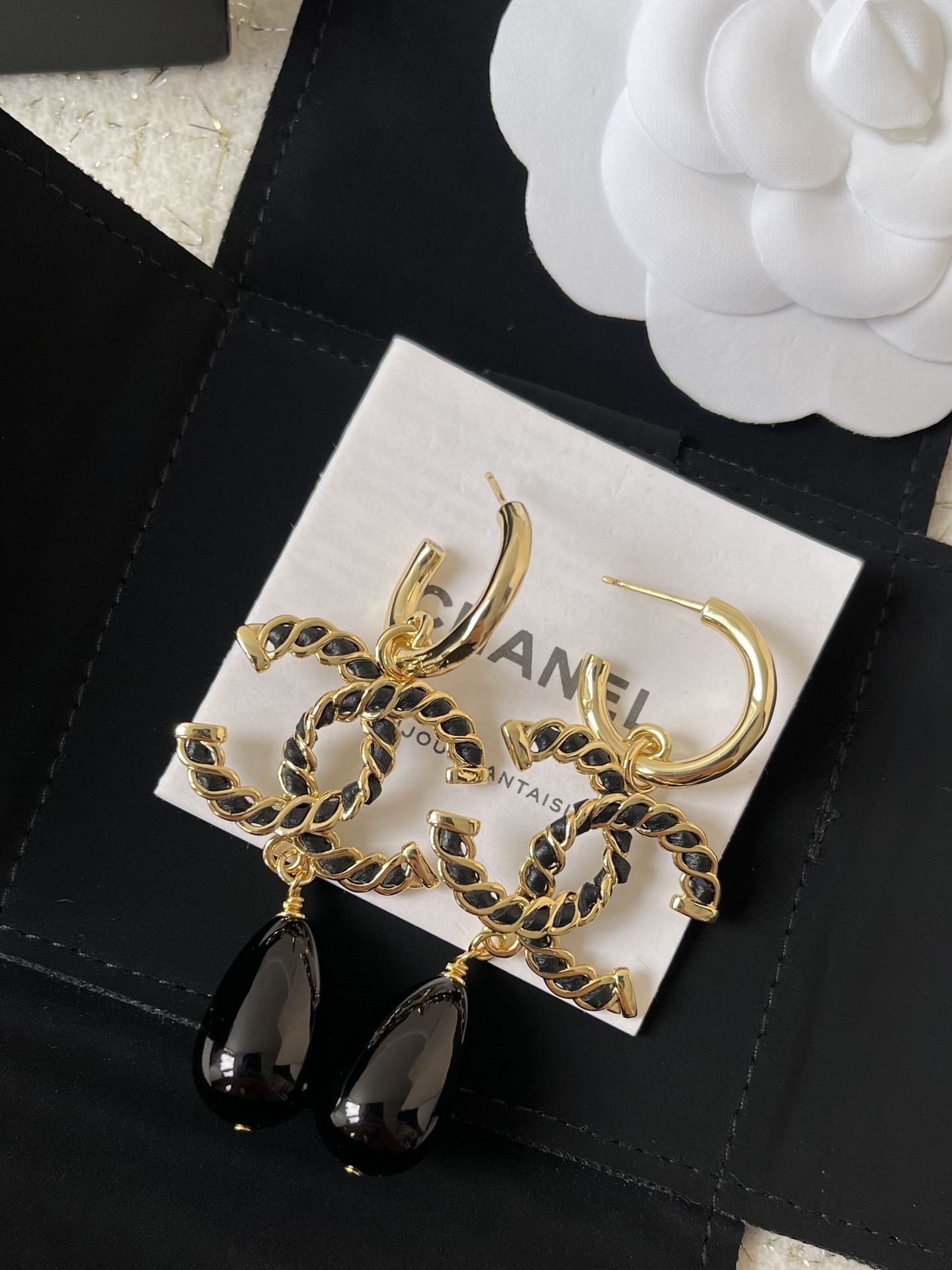 Elegant Gold & Black CC Logo Teardrop Pendant Earrings