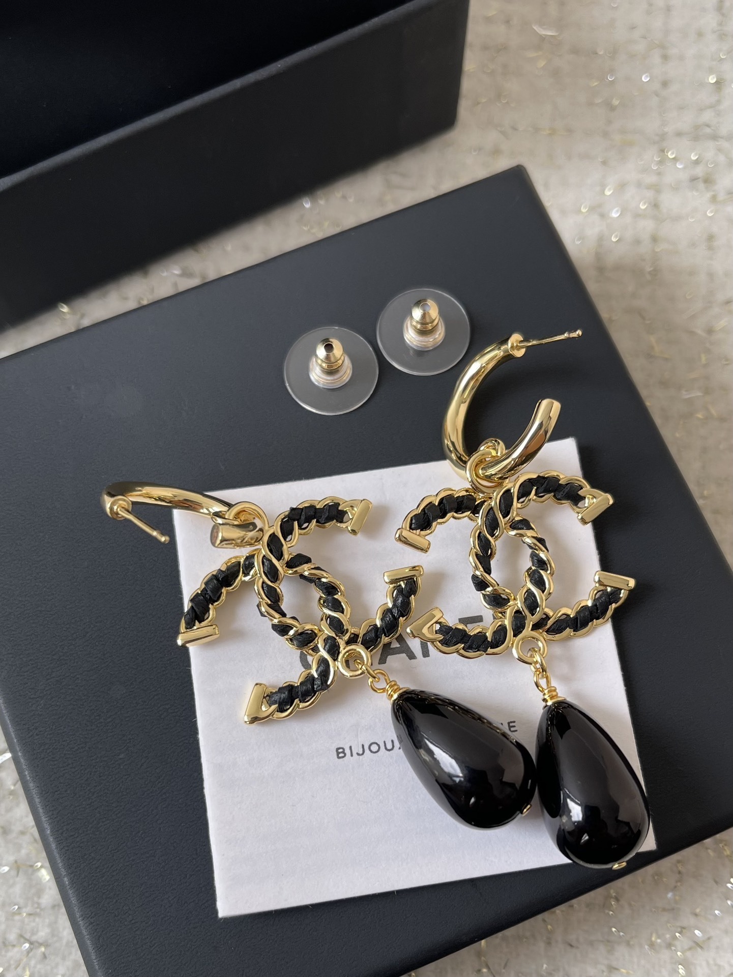 Elegant Gold & Black CC Logo Teardrop Pendant Earrings